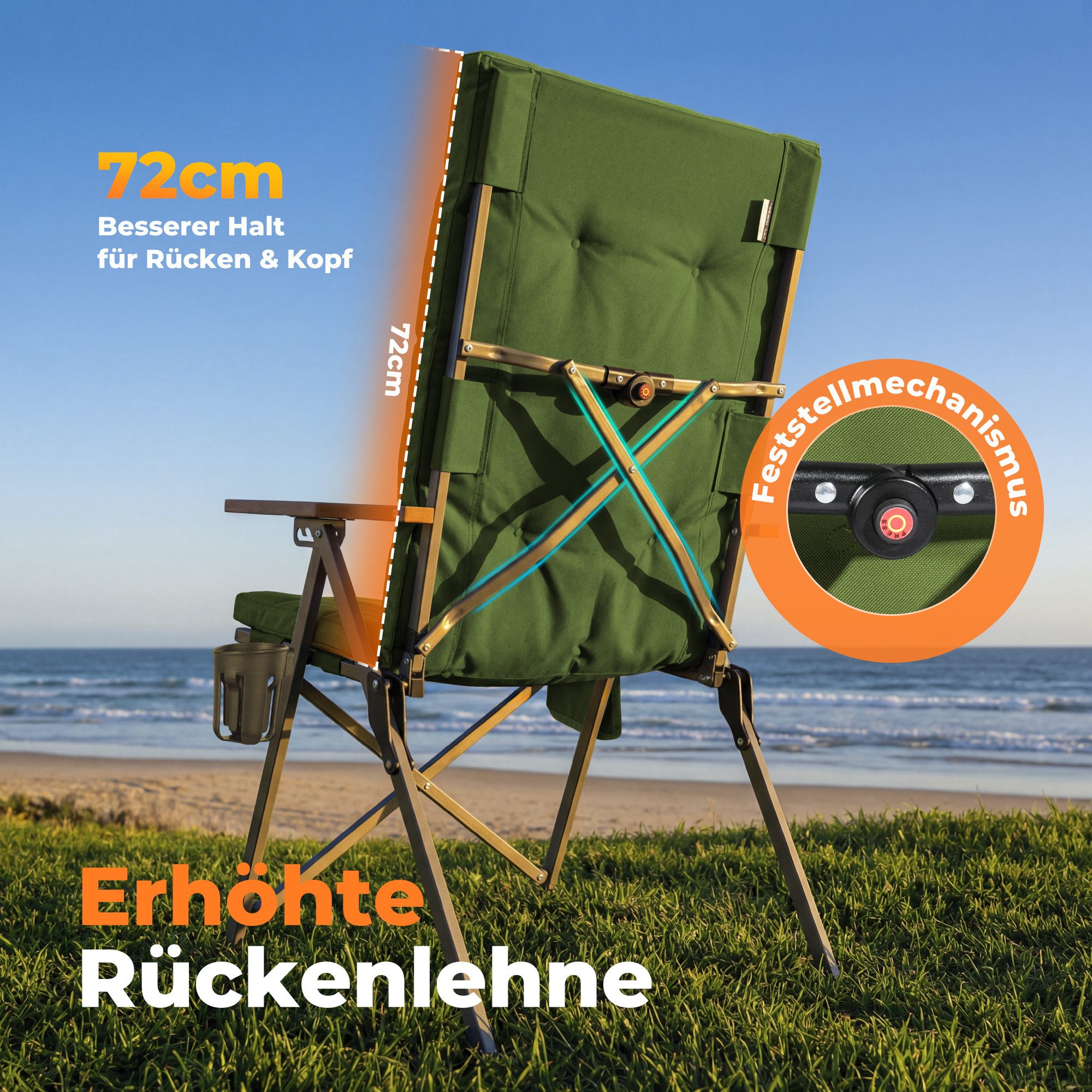 HOMECALL Campingstuhl Faltbar Hochlehner Luxus Klappstuhl mit 4,5cm Dicke Gepolstert (150kg Belastbar mit 4 Positionen Verstellbar Angelstuhl, 2 St), für Garten – Bild 5 von 5