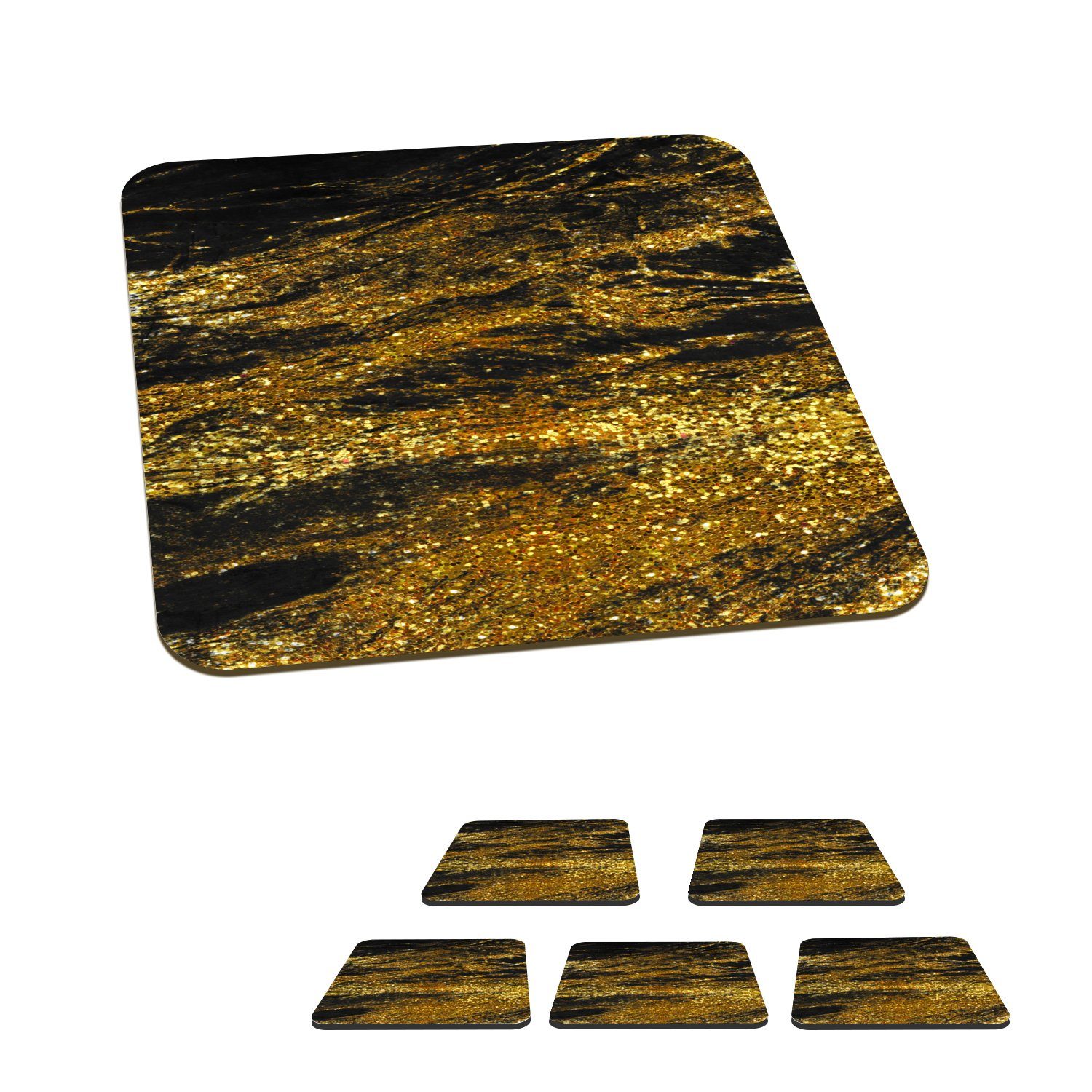 MuchoWow Glasuntersetzer Marmor - Gold - Schwarz - Glitter, Zubehör für Gläser, 6-tlg., Glasuntersetzer, Tischuntersetzer, Korkuntersetzer, Untersetzer, Tasse