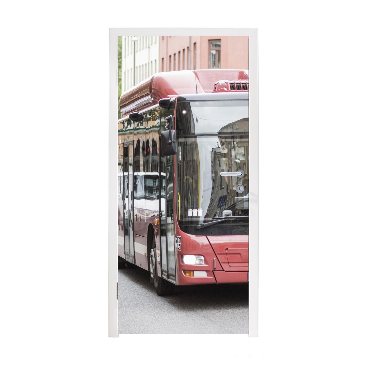 MuchoWow Türtapete Frontansicht eines roten Busses, Matt, bedruckt, (1 St), Fototapete für Tür, Türaufkleber, 75x205 cm | Türtapeten