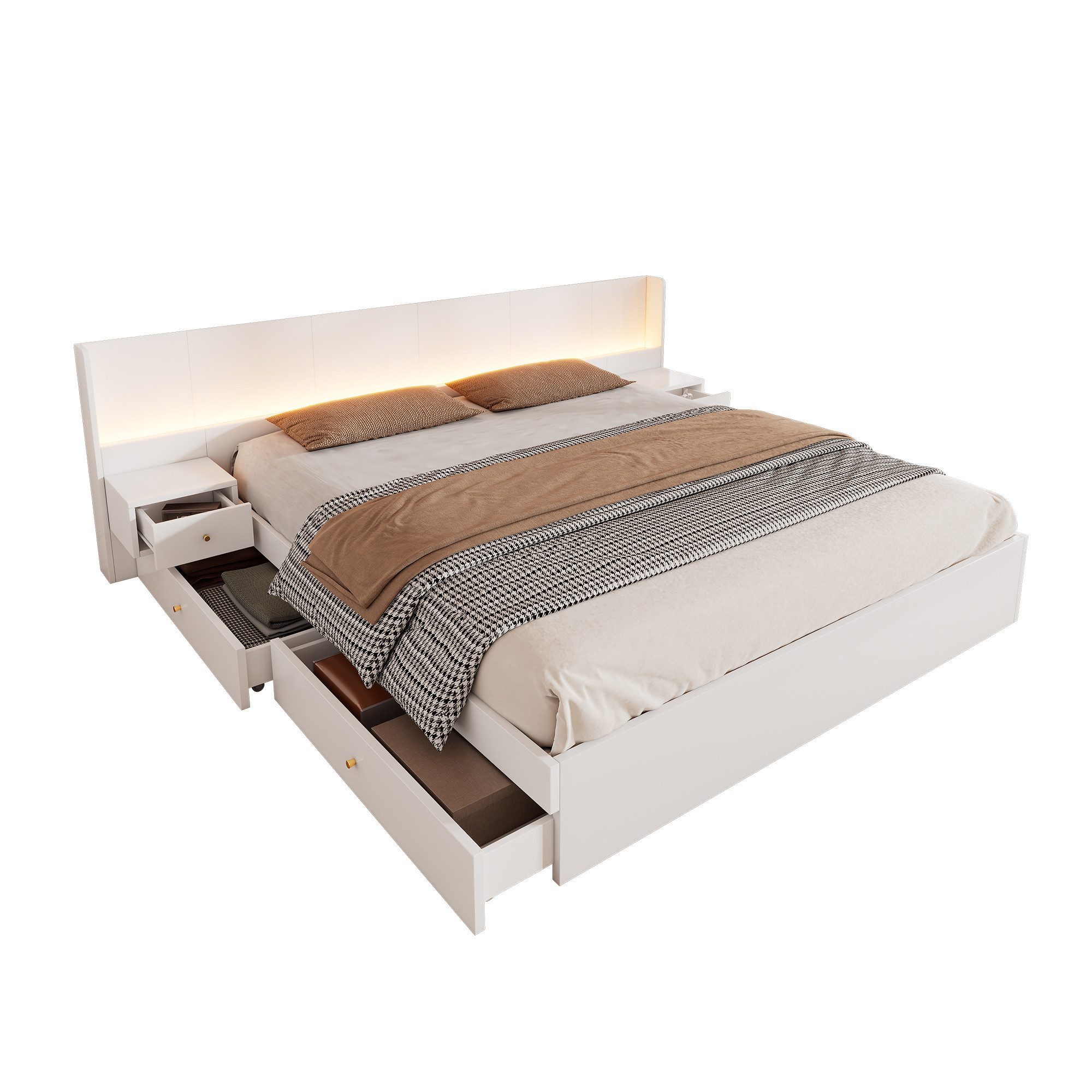 HAUSS SPOLE Polsterbett 180x200cm mit LED-Beleuchtung und Steckdose, 2 Nachttische, weiß (Holzbett, Jugendbett, Doppelbett, 1-tlg., 2 Schubladen, 2 Nachttische, 180*200cm, ohne Matratze), mit USB-Schnittstelle, Steckdose,steuerbar per Mobile APP