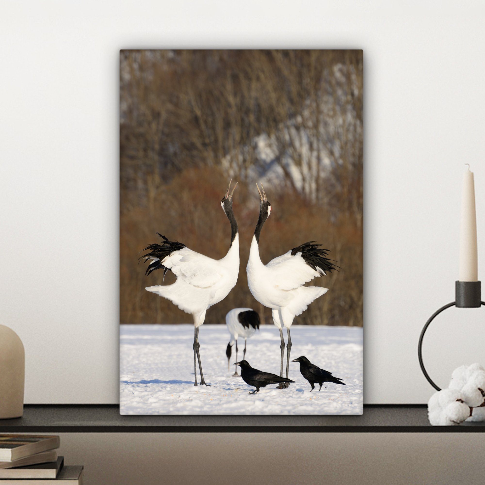 OneMillionCanvasses® Leinwandbild Kraniche cm Schnee, einen 20x30 inkl. fertig Zackenaufhänger, japanische im Gemälde, Leinwandbild (1 St), Zwei vollführen Paarungstanz bespannt