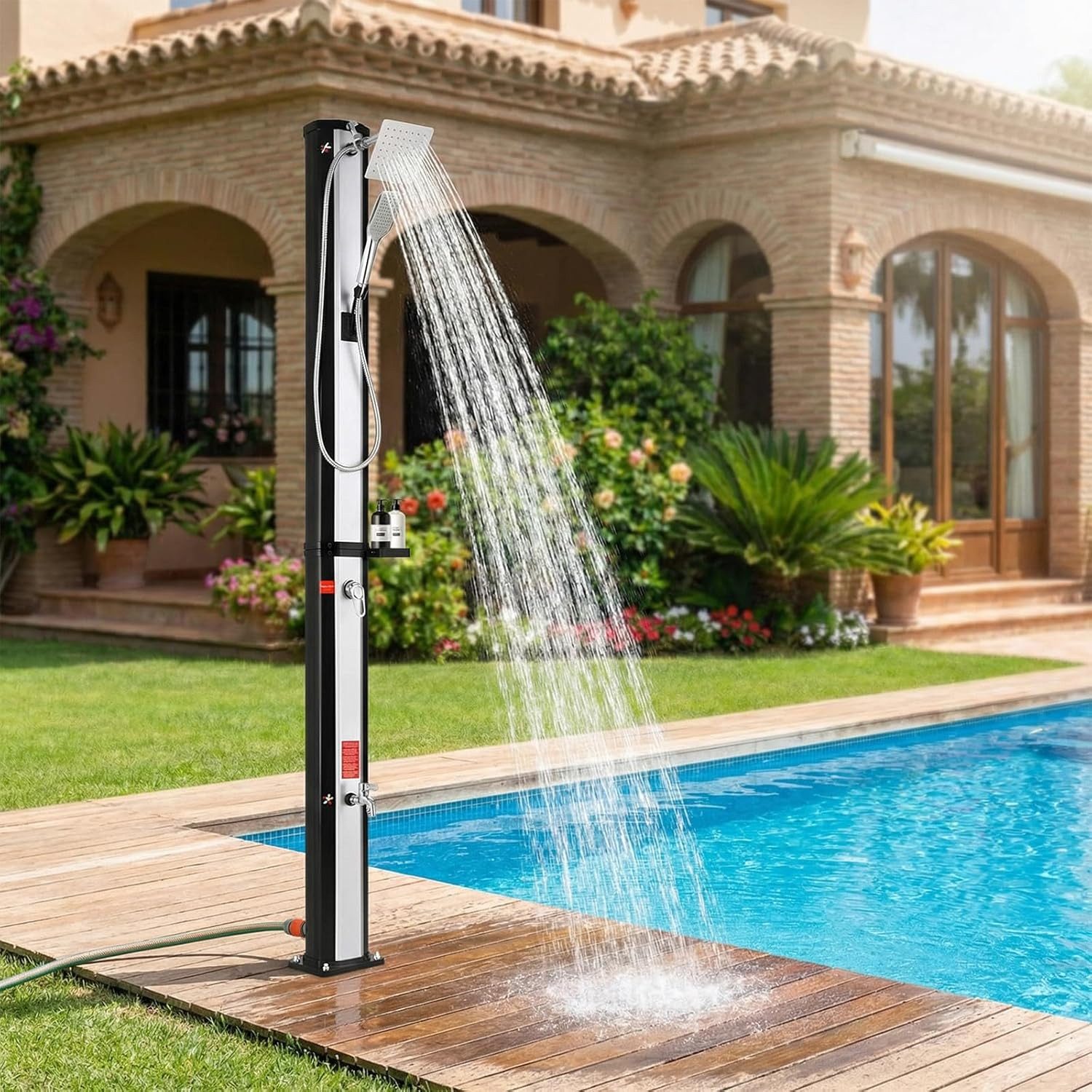 TLGREEN Solardusche Gartendusche Mit Handbrause, 360° Duschkopf & Fußdusche (40L Solar Gartendusche mit Staubschutzhülle + Seifenschale, UV-beständig PVC, bis 60°C Warmwasser ohne Strom), für Garten/Pool/Camping, einfache Installation