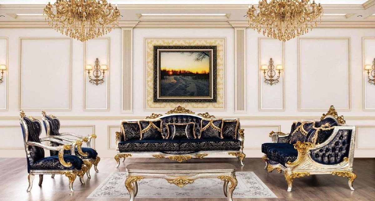Casa Padrino Sofa Luxus Barock / Schwarz / Silber Möbel / - Sofa mit Prunkvolles Royalblau Gold Barock Wohnzimmer Wohnzimmer elegantem Muster Sofa 