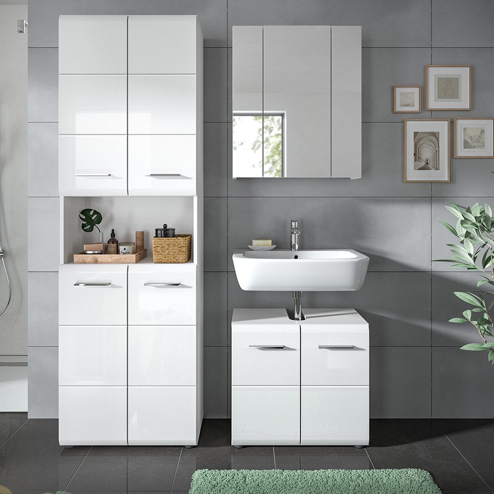 Lomadox Badmöbel-Set IGGESUND-158, (Spar-Set, 3-St., Hochschrank Spiegelschrank Waschbeckenunterschrank), in weiß mit weiß Hochglanz