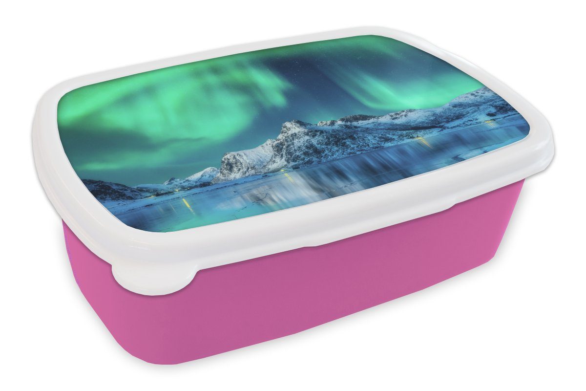 MuchoWow Lunchbox Kunststoff Brotdose Snackbox, Mädchen, - - Brotbox Schnee, Berg rosa Kunststoff, Kinder, Nordlichter Erwachsene, (2-tlg), für