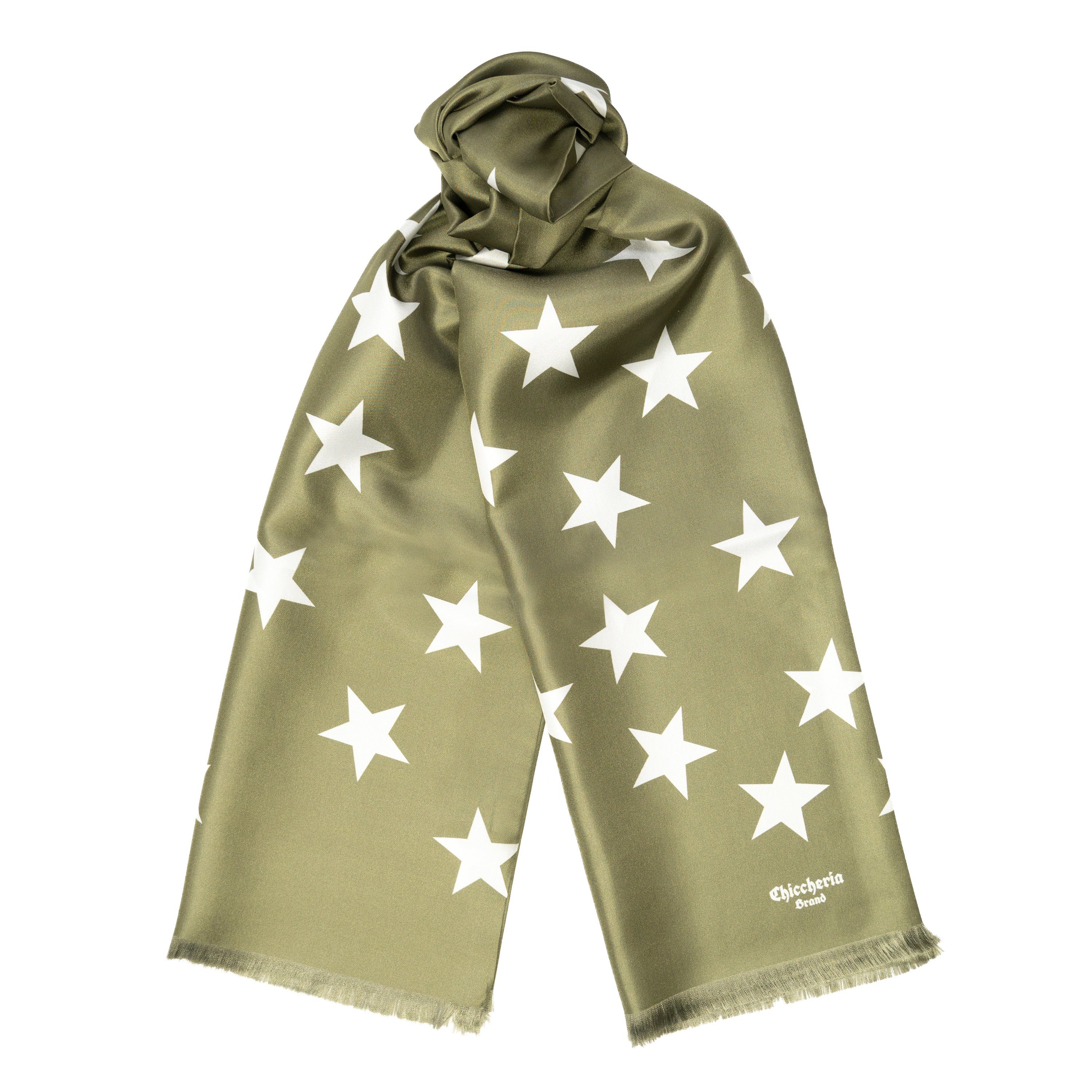 Chiccheria Brand Seidenschal STARS, Made in Italy Oliv-Weiß