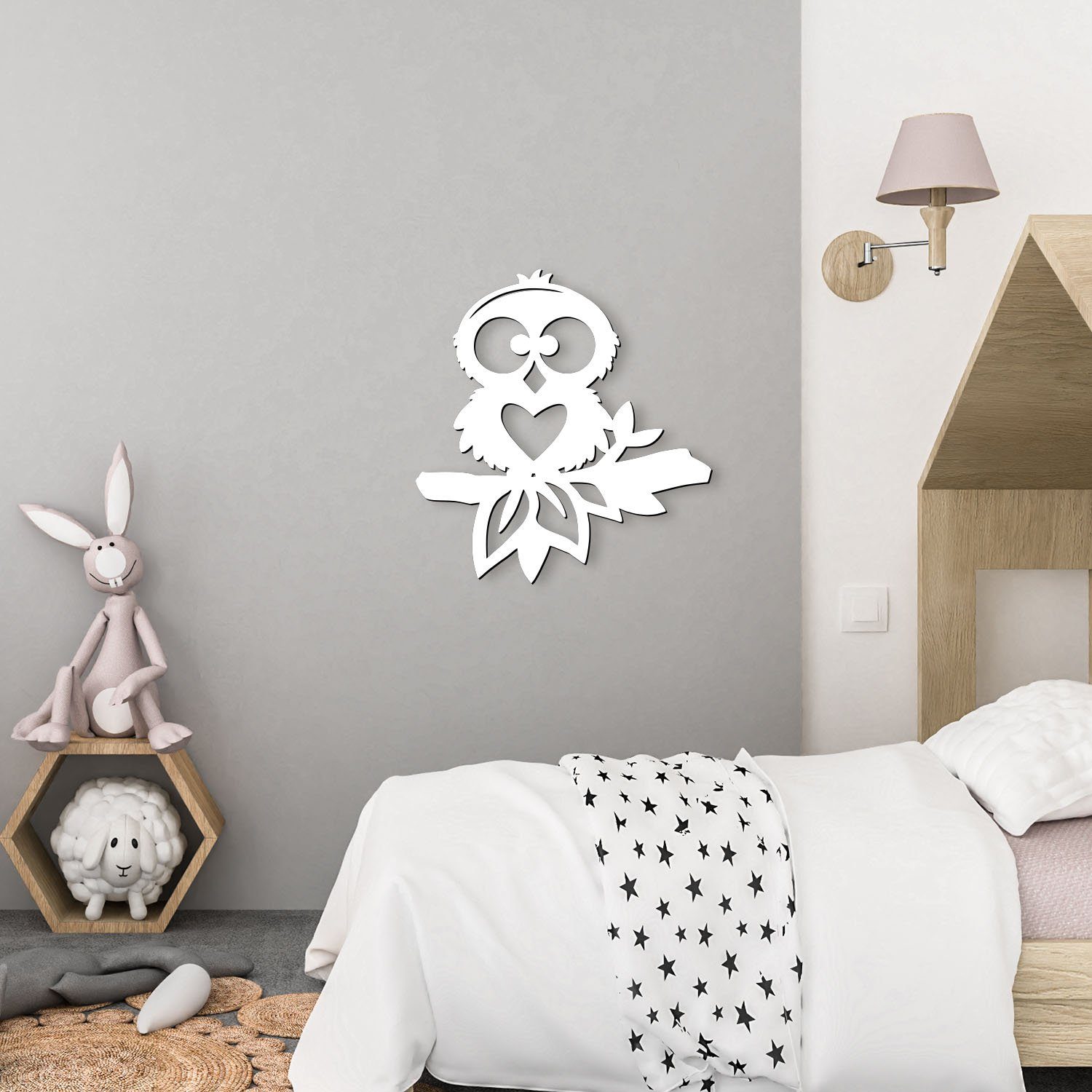 Lampe Warmweiß Ohne LED integriert, Eule LED Nachtlicht fest Holz Wand 'Hearty' Kinderzimmer, Wandlampe Rosa Zugschalter/Stern, Deko Namofactur Nachtlicht