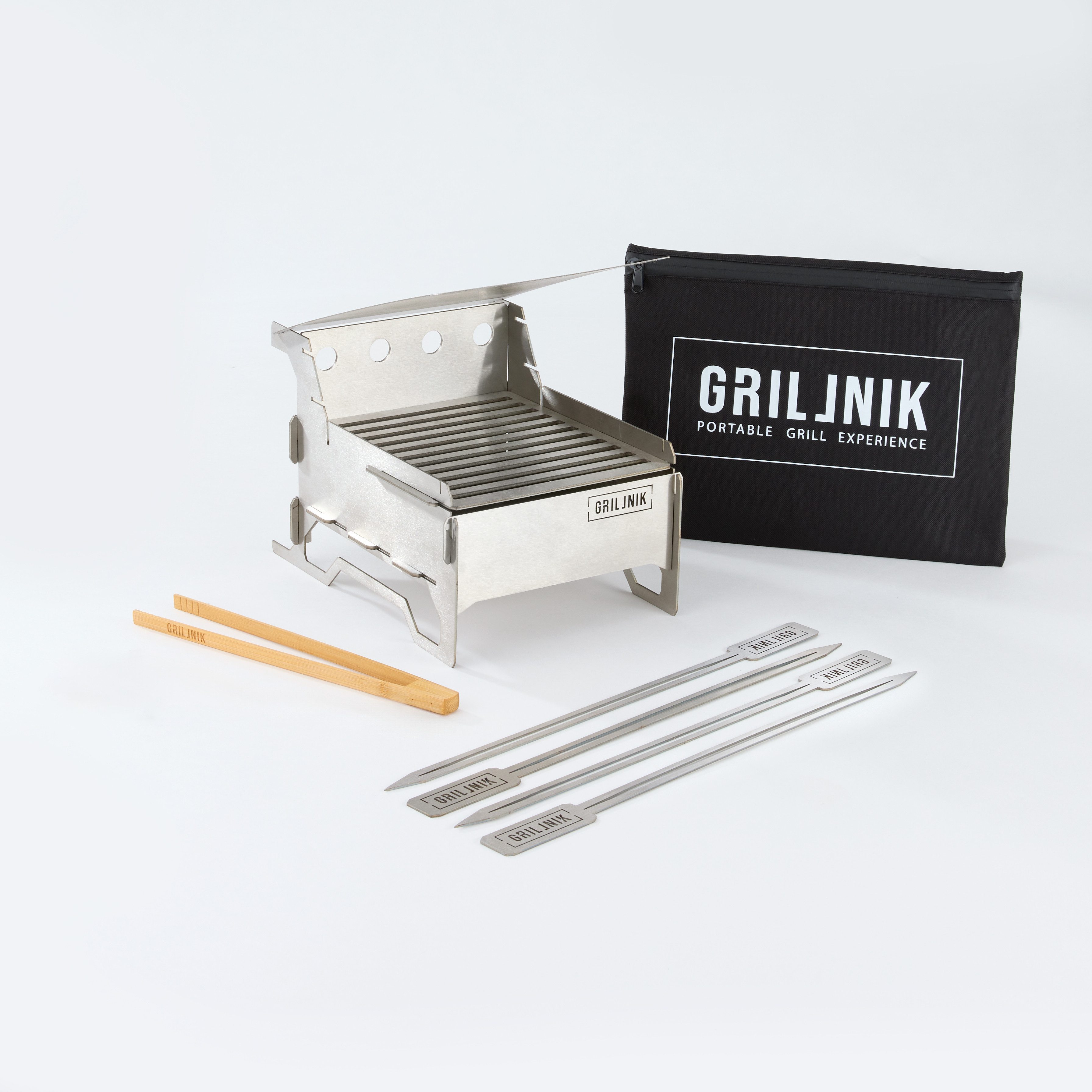 GRILLNIK Holzkohlegrill Kompakter Premium Edelstahlgrill Größe S–Tragbarer Holzkohlegrill, Kompakter Premiumgrill – robust, mobil, vielseitig