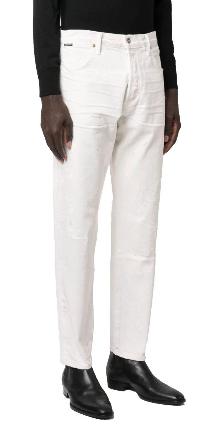 Tom Ford 5-Pocket-Jeans HerrenJeans Bemalte Straight Leg Karottenjeans Paint-Splash-Optik Signature-Details wie Lederpatch und Markenlabel