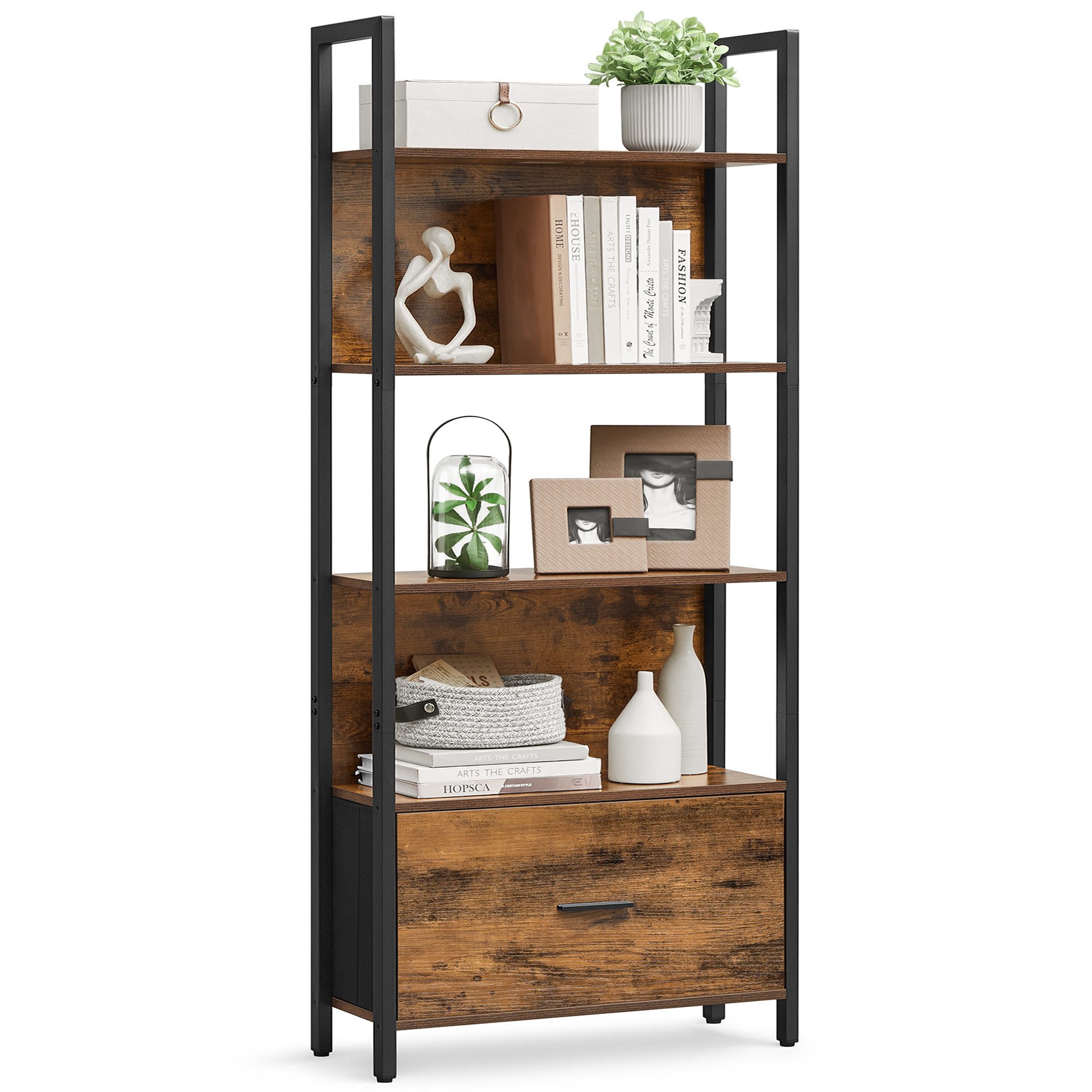 VASAGLE Bücherregal Küchenregal, Standregal, Flur, Küche, Büro, stabiles Stahlgestell, Leiterregal, Industrial-Design, mit Stahlrahmen, 24 x 60 x 165 cm