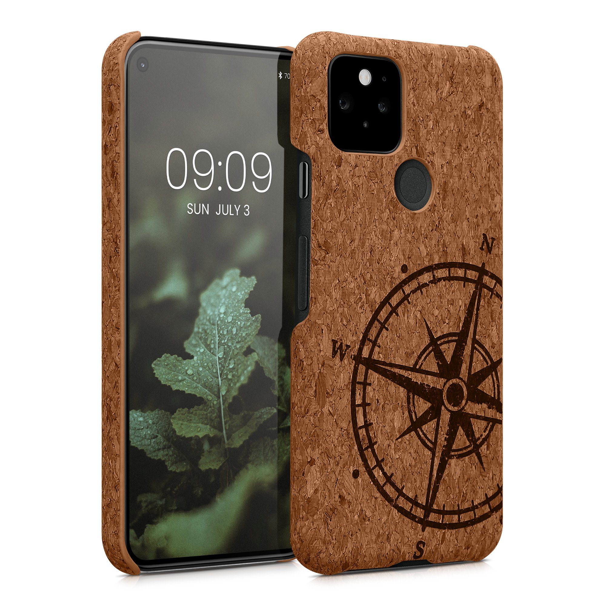 kwmobile Handyhülle Hülle für Google Pixel 5, Kork Handy Case - Cork Cover Schutzhülle - Kompass Vintage Design