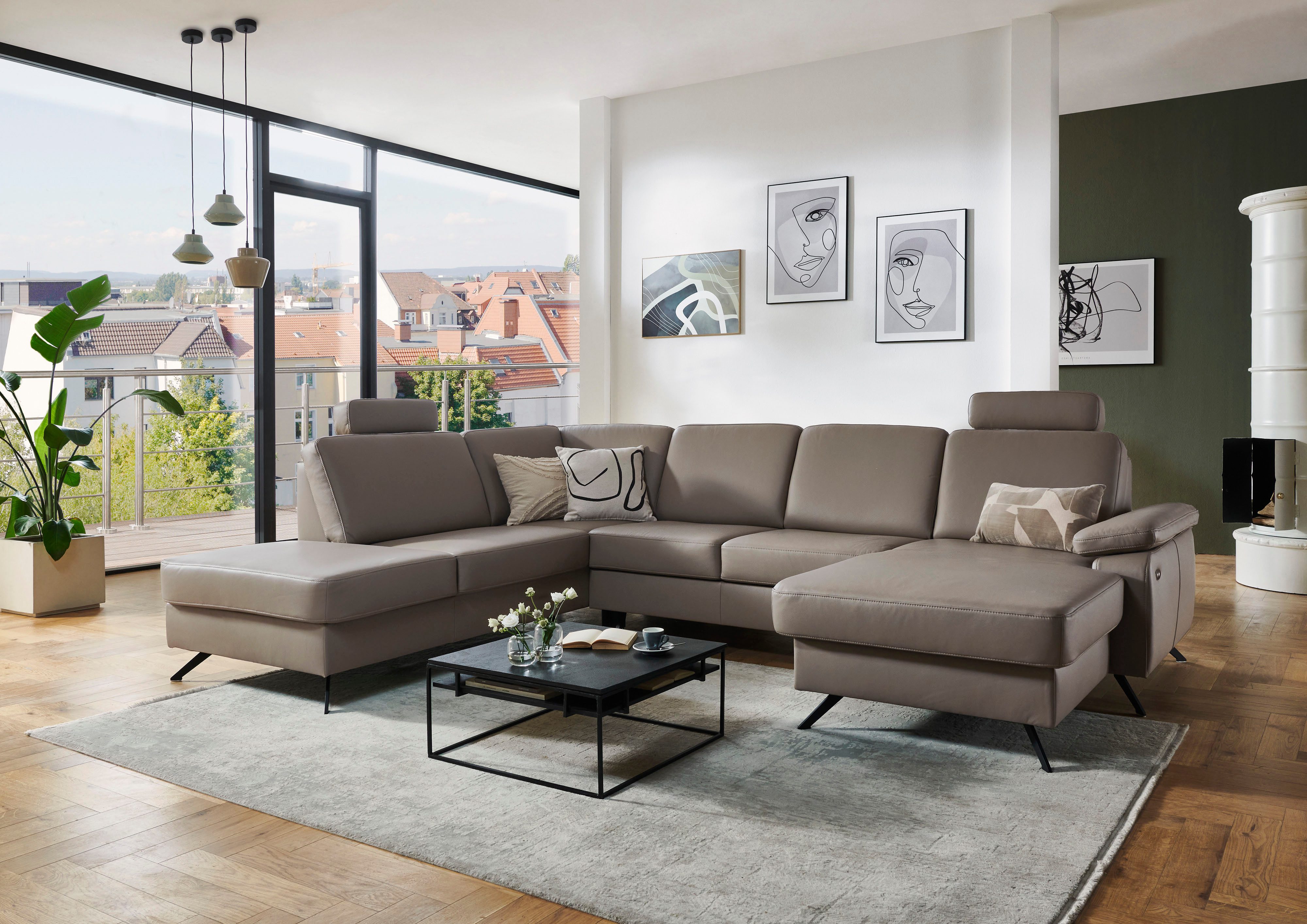 Die PlanBar Wohnlandschaft PN-EM15047 U-Form, mit Kopfstützen, Echtleder, wahlweise mit Bettfunktion u. Stauraum