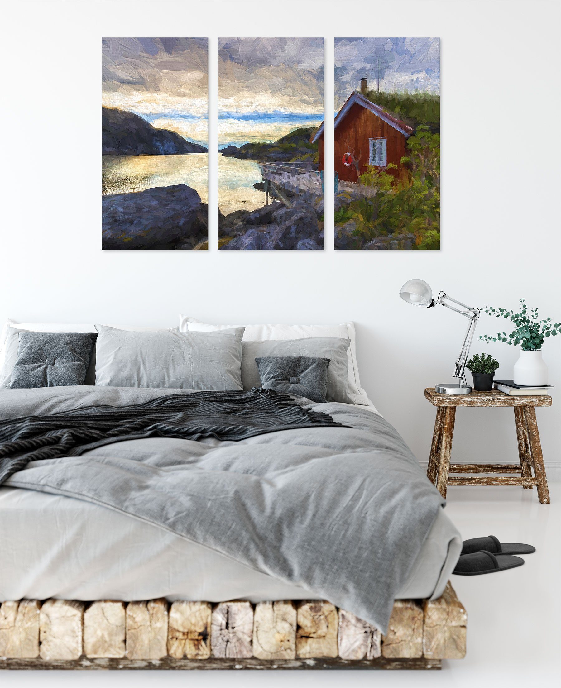 3Teiler fertig Zackenaufhänger Fjord St), Leinwandbild Norwegens, (1 (120x80cm) Norwegens Pixxprint bespannt, Fjord inkl. Leinwandbild am am Sonnenaufgang Sonnenaufgang
