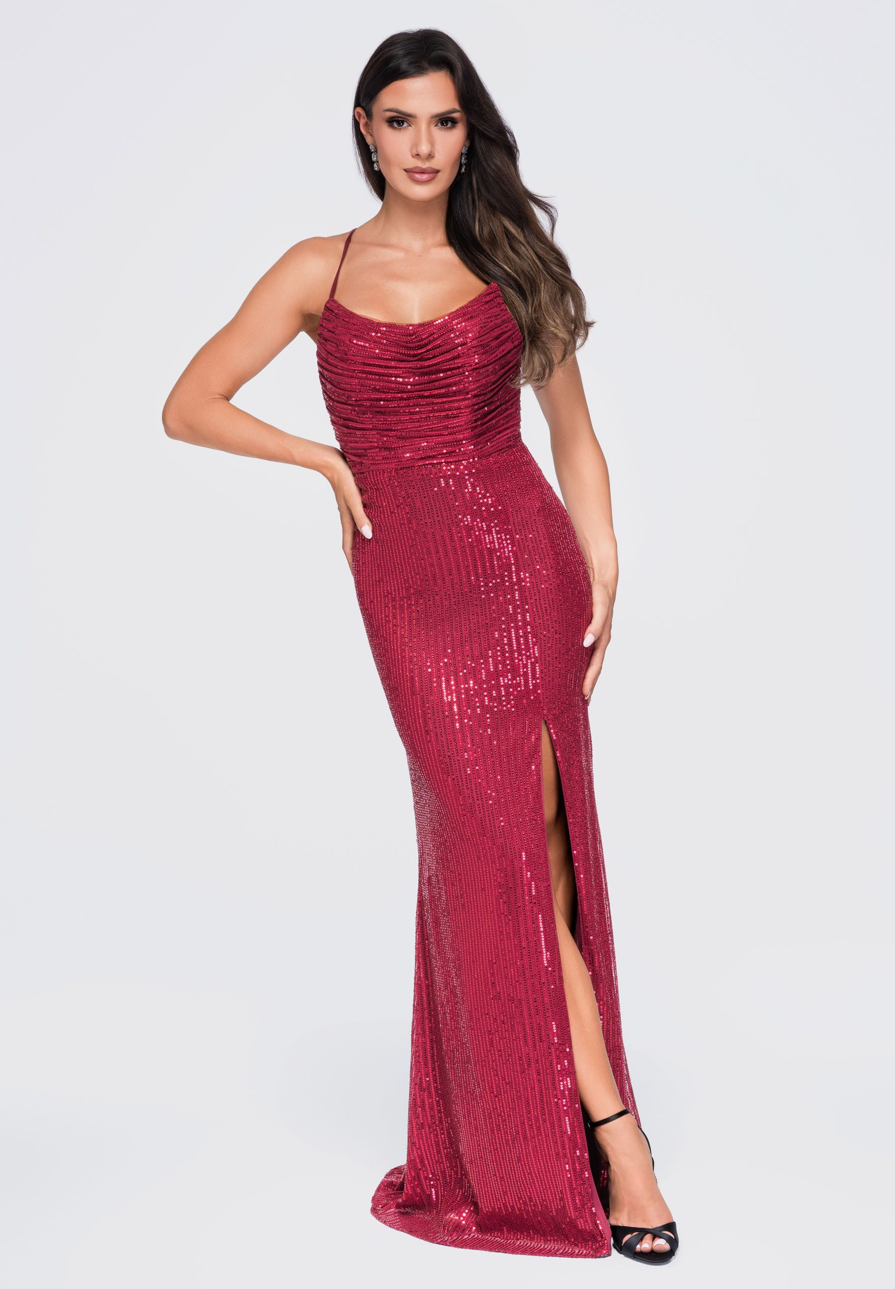 OMBRE Abendkleid Damen Abendkleid Maxi mit Cowl Neck Bordeaux S (kein Set, 1-tlg)