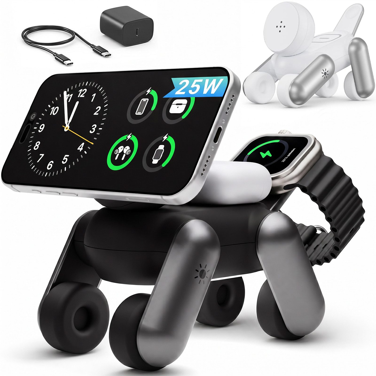 GreenHec 25W Ladestation 3 in 1 MagSafe Ladegerät iPhone 17/16 Pro Max Wireless Charger (0,02 mA, Spar-Set, PowerBase + Ladegerät + Ladekabel, Apple Watch, AirPods, wireless charger, magnetisch, Qi 2.2)