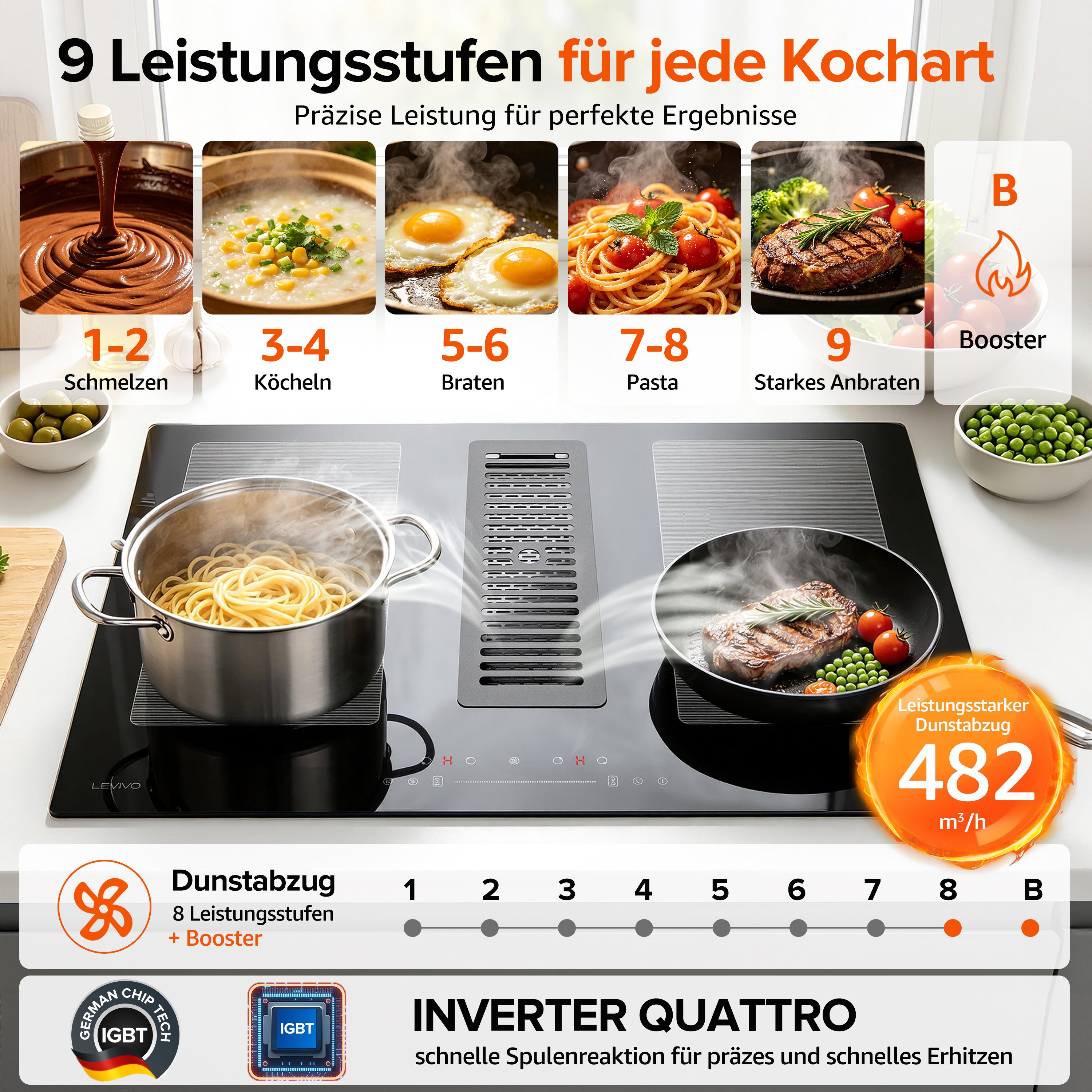 Levivo Induktions-Kochfeld Induktionskochfeld 77 cm mit 482 m³/h Dunstabzug, 9 Stufen & Booster, Touch-Control, Timer, Bridge Funktion, 7280 W – Bild 4 von 5