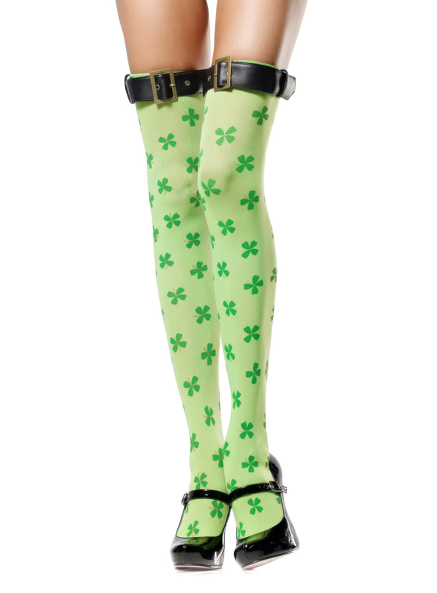 Leg Avenue Overknees Kleeblatt Overknee Strümpfe Patrick's Day-Strümpfe mit rustikalen Schnallen