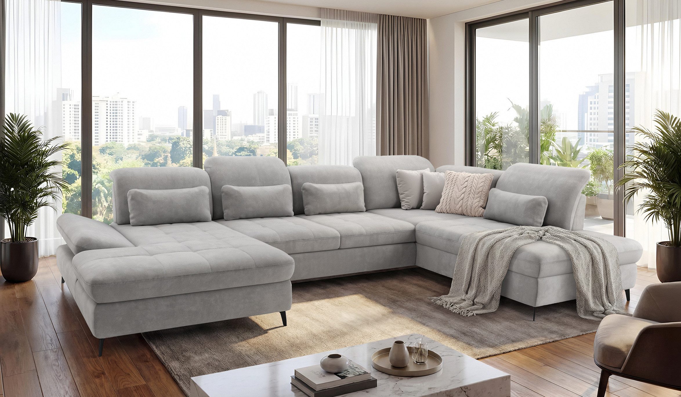 Hygger Möbelhaus Wohnlandschaft Nola XXL U-Form mit Schlaffunktion und 2 Bettkästen, Big Sofa B × T₁ / T₂: 370 × 170 / 230 cm., Versandkostenfrei innerhalb Deutschlands, Hergestellt in Europa