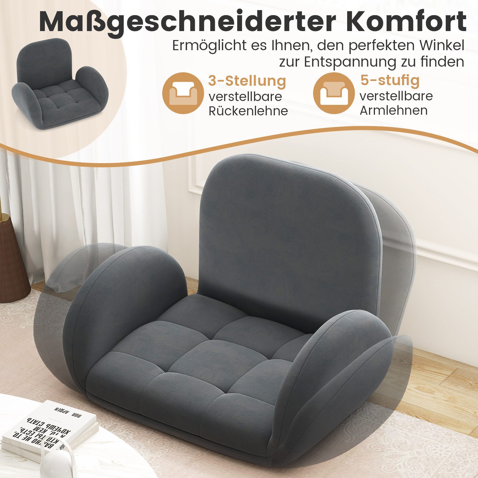 COSTWAY Relaxsessel, Bodenstuhl mit verstellbarer Rückenlehne, klappbar, gepolstert
