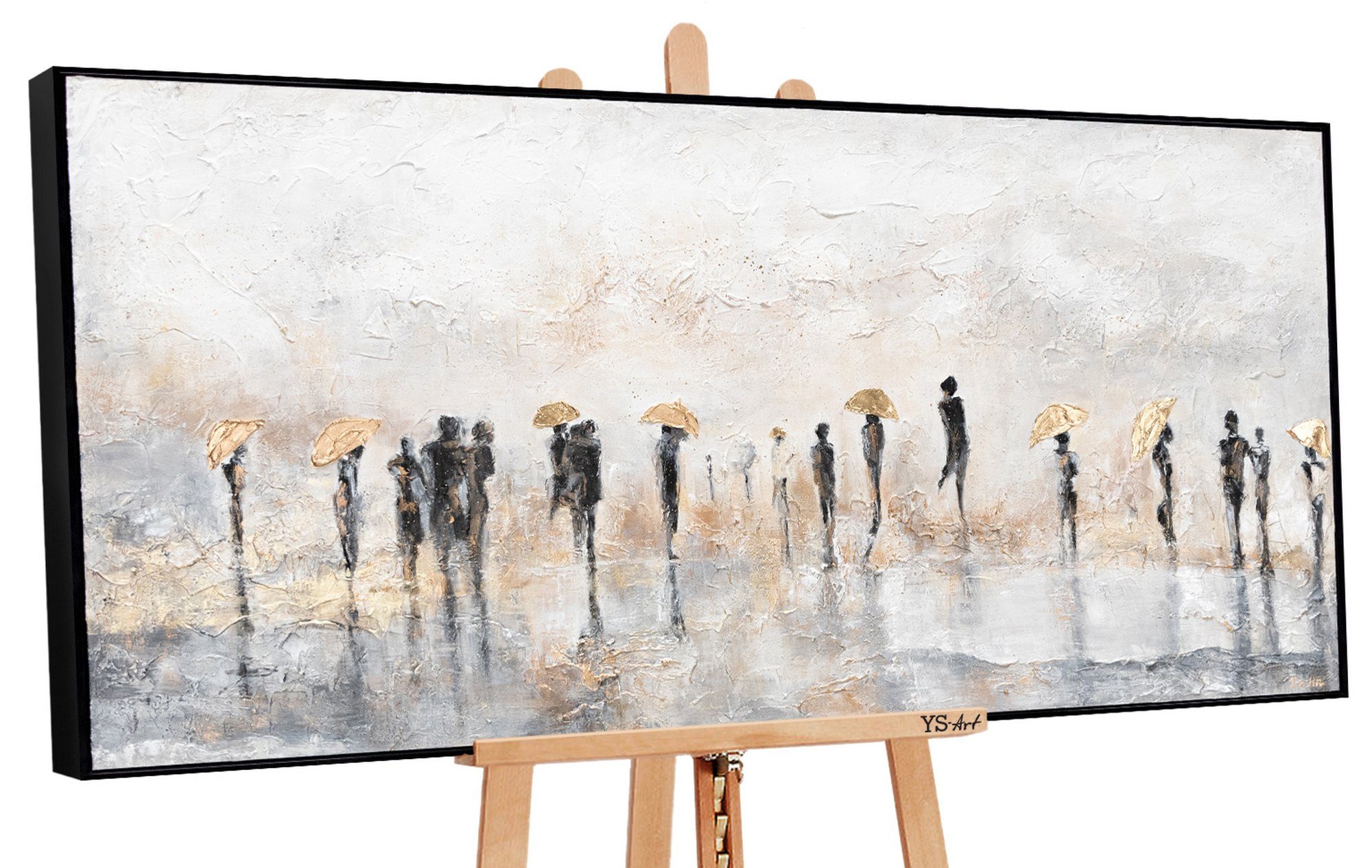 Leinwand YS-Art Handgemalt Gemälde Regenschirm mit Rahmen Bild Menschen Sommerregen, Gold
