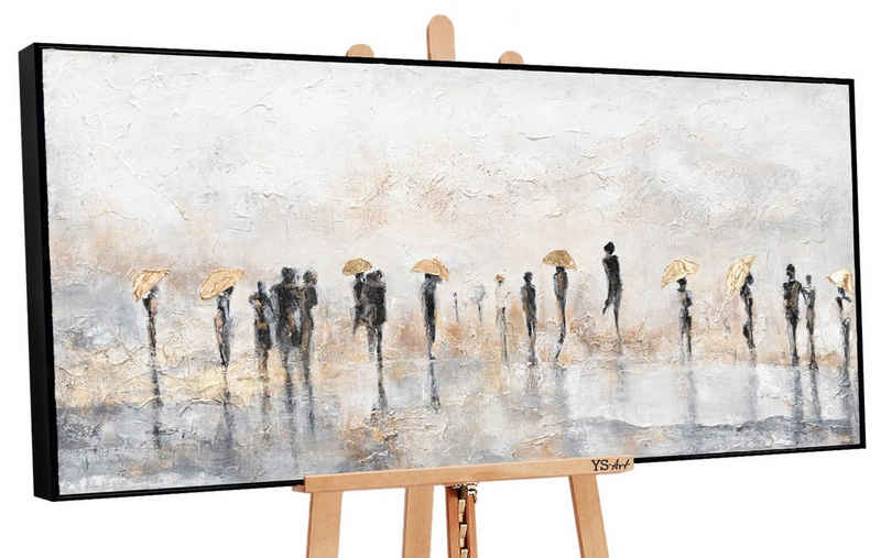 YS-Art Gemälde Sommerregen, Leinwand Bild Handgemalt Menschen Regenschirm Gold mit Rahmen