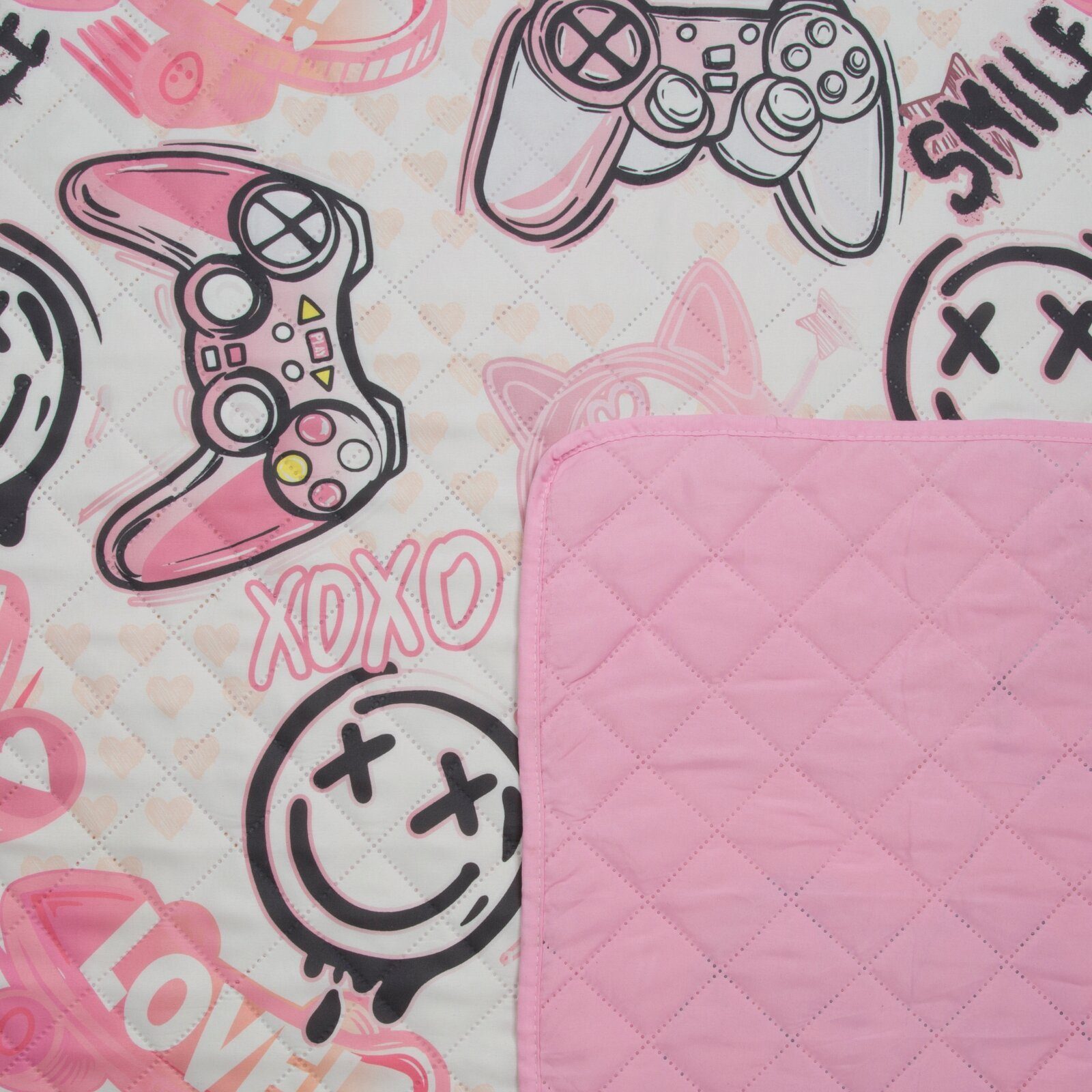 Design91 Tagesdecke Tagesdecke für Kinder Bettüberwurf zum Kinderzimmer 170 x 210 cm, Rosa Decke Mädchen Smile Pink Love XOXO