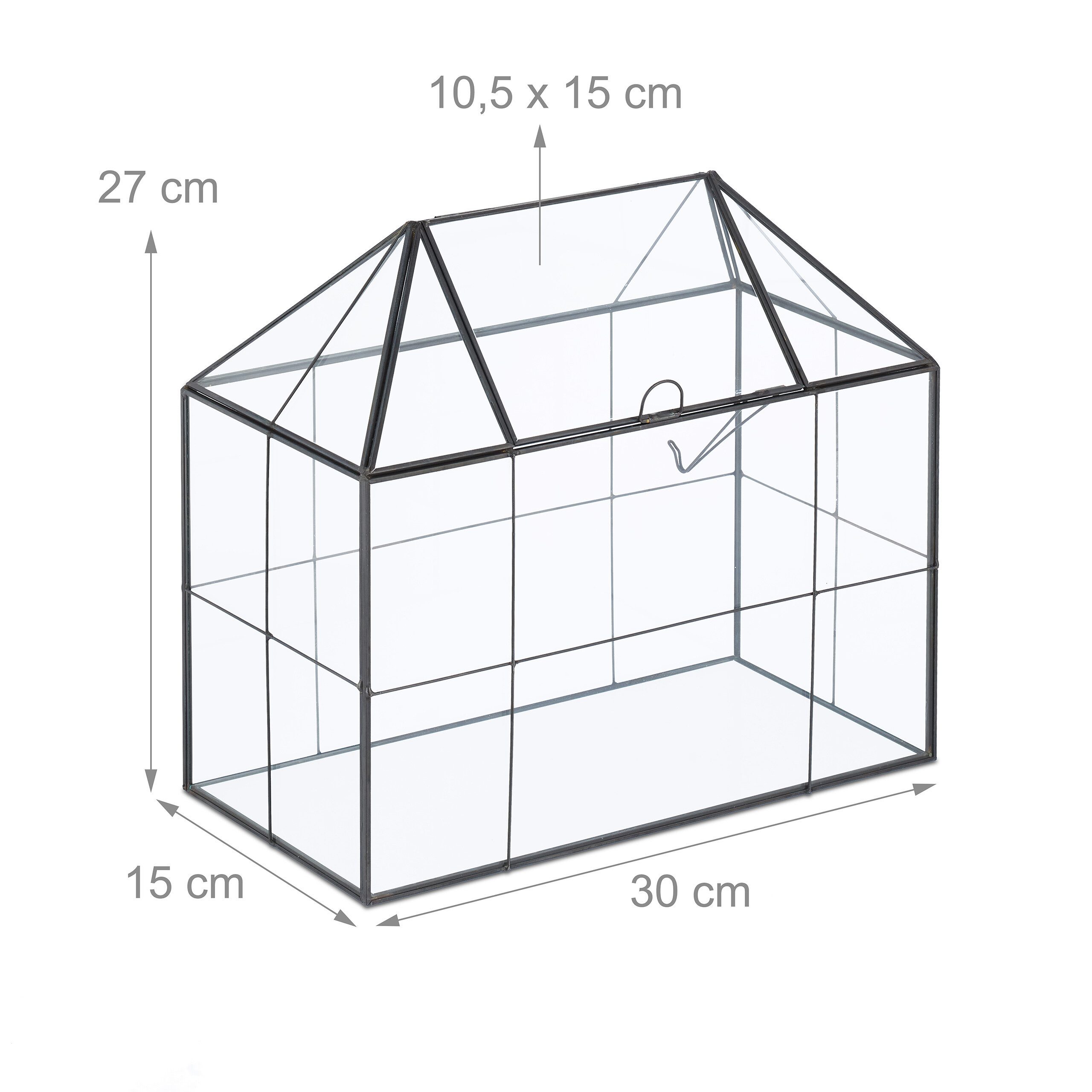 relaxdays Gewächshaus Großes Pflanzenterrarium Glas Hausform, BxTxH: 30 x 15 x 27 cm, BxLxH: 30 x 15 x 27 cm, 0.5 mm Wandstärke, 1-St., schwarz – Bild 4 von 5