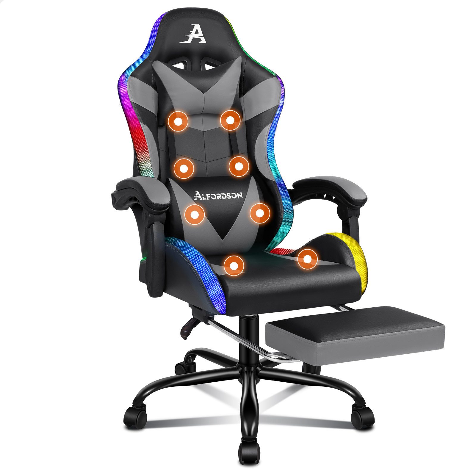 ALFORDSON Gaming-Stuhl Massagestuhl mit LED, ergonomischer Schreibtischstuhl mit 150° Neigung, Einziehbarer Fußstütze, PU-Leder, Höhenverstellbar, 180 kg Tragkraft