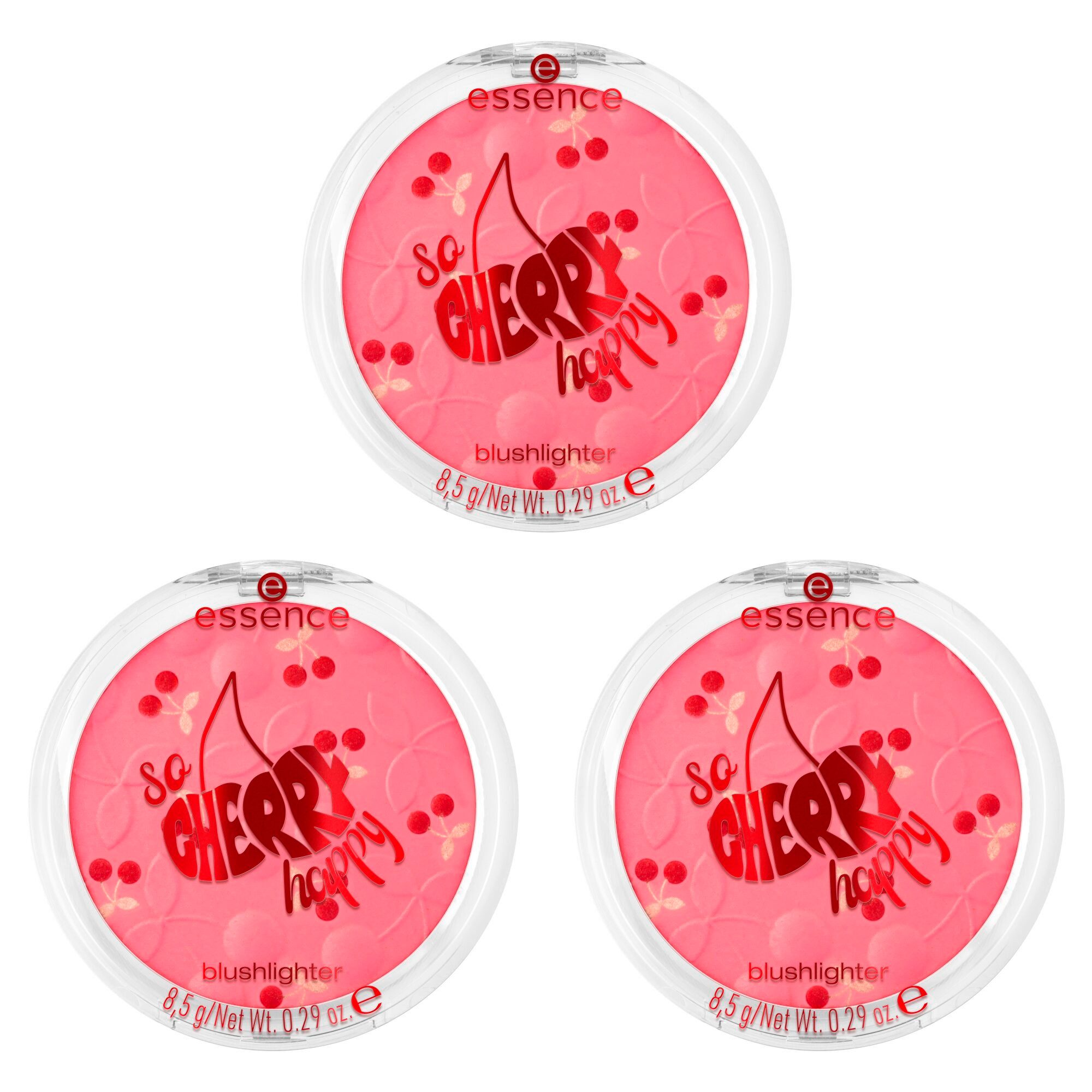 Essence Rouge SO CHERRY happy blushlighter, 3-tlg., Roségoldener Schimmer, variable Deckkraft, auch für den Alltag.