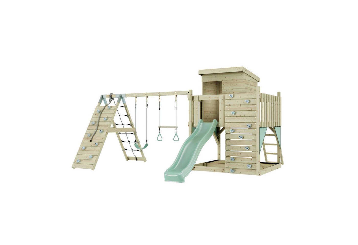 OutdoorToys Spielturm Frida aus Holz in Mintgrün mit Trapezstange & Rutsche, Kletterwand, aus Holz in Mintgrün mit Trapezstange & Rutsche, Kletterwand