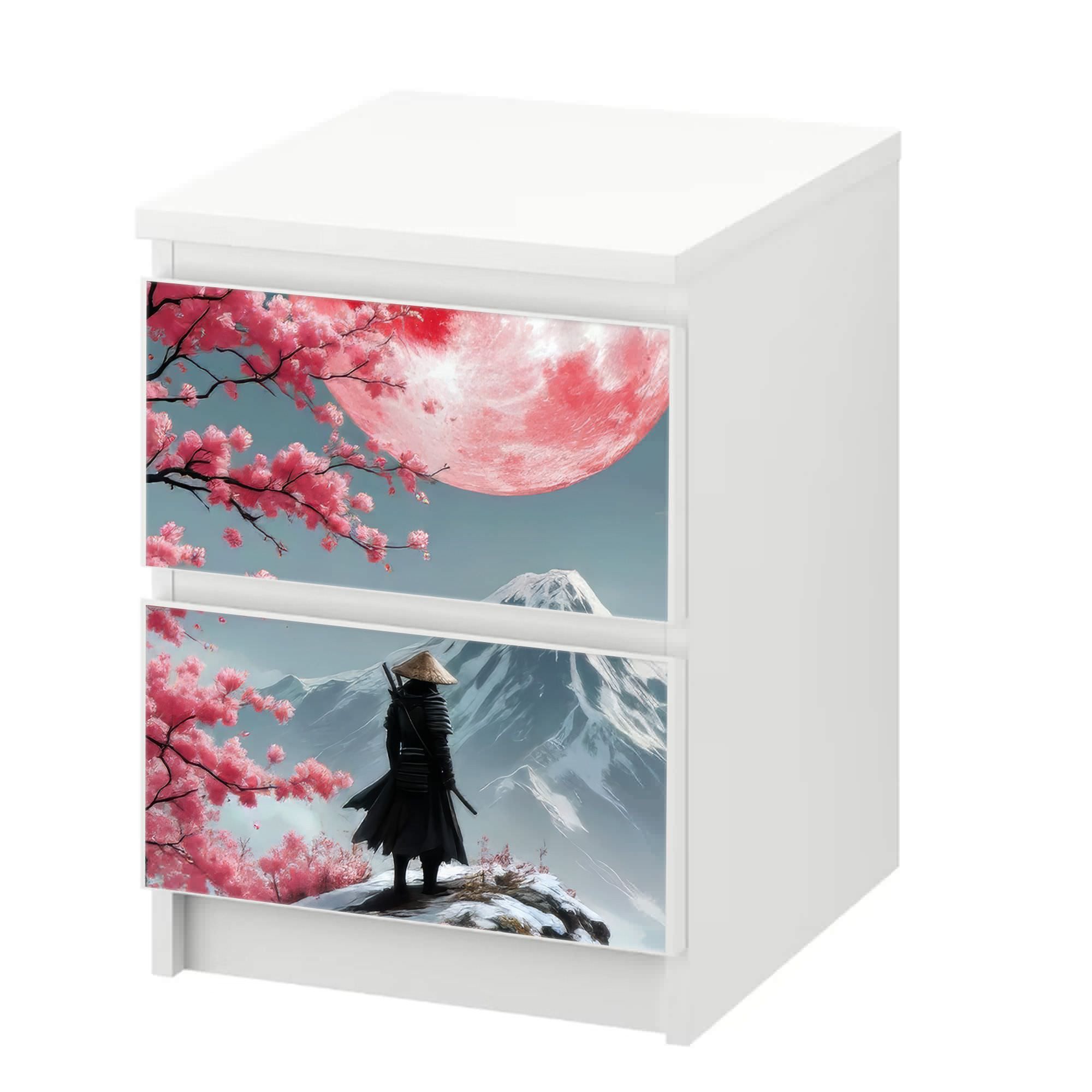 Sunnywall Möbelfolie passend f. IKEA Malm Kommode Schrankfolie Aufkleber Ronin Sakura, (Sunnywall Möbelfolie), blasenfreie selbstklebende Folie (SCHRANK NICHT INKLUSIVE)