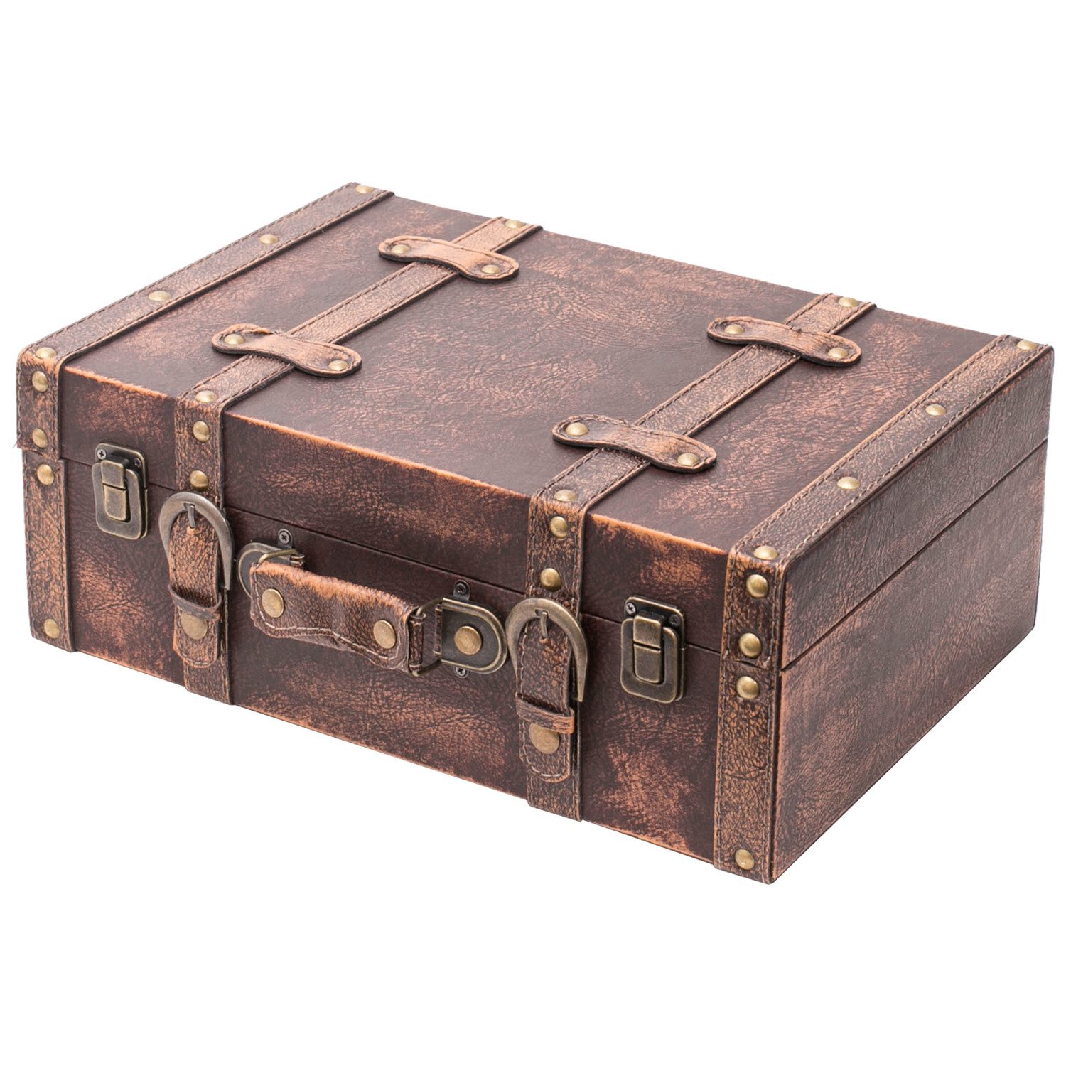 HMF Aufbewahrungsbox Vintage Koffer Holz, Aufbewahrungsbox mit Deckel und Ledergriff als, und Geschenkidee für Hochzeit oder Geburtstag, Klassik 38 x 26 x 13 cm