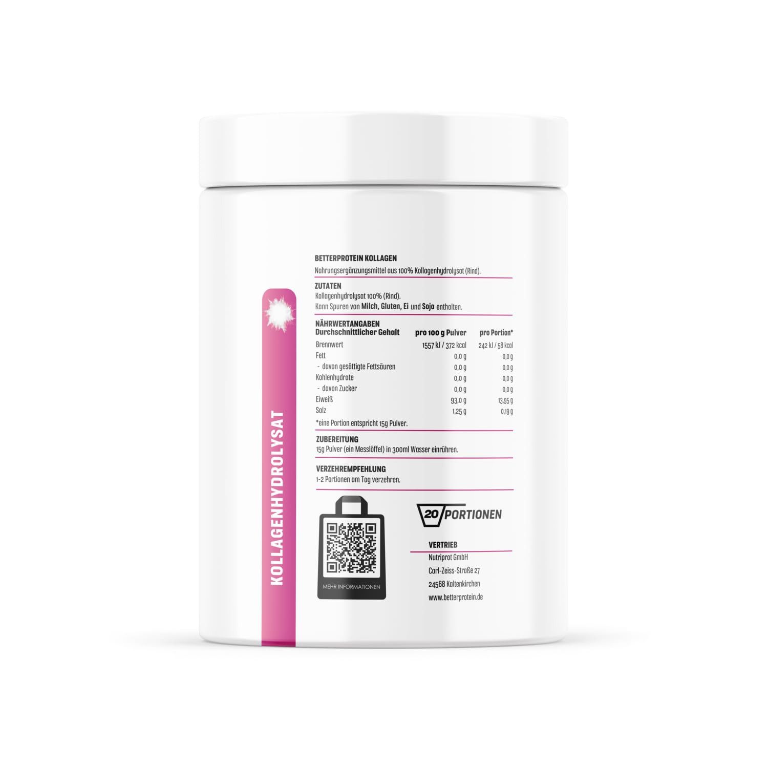 better protein Collagen Pulver – Haut, Haar und Knochen, 100% rein aus Deutschland Pulver, 1 er Ohne Zusatzstoffe - Typ I, II und III - Geschmacksneutral & Wasserlöslich à 300 g