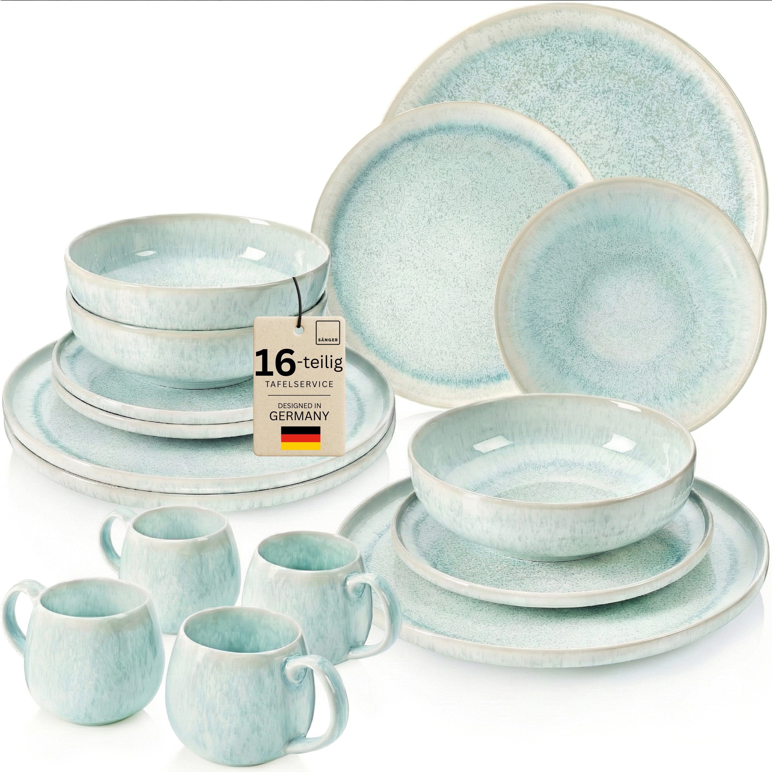 SÄNGER Tafelservice Paros (16-tlg), 4 Personen, Steingut, Blau Türkis, Handmade Premium Collection
