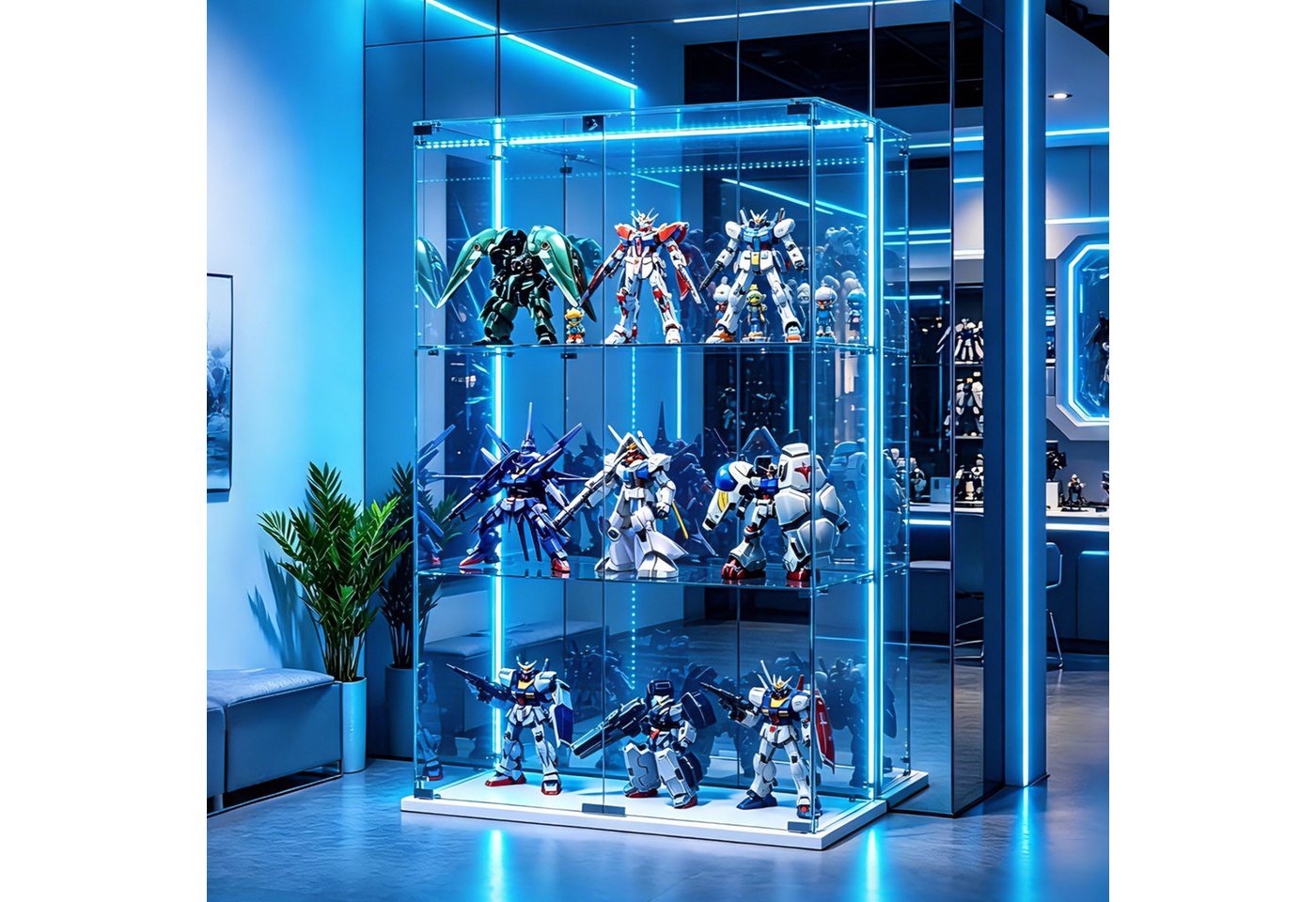 Simurq Glasvitrine Standvitrinen mit LED Beleuchtung Vitrinenschrank mit Glastür (glas vitrine mit 2 Glastür und 3 Lagen,Schloss,Kippsicherung) Sammlervitrine aus gehärtetes Glas,Modernes rahmenloses Design