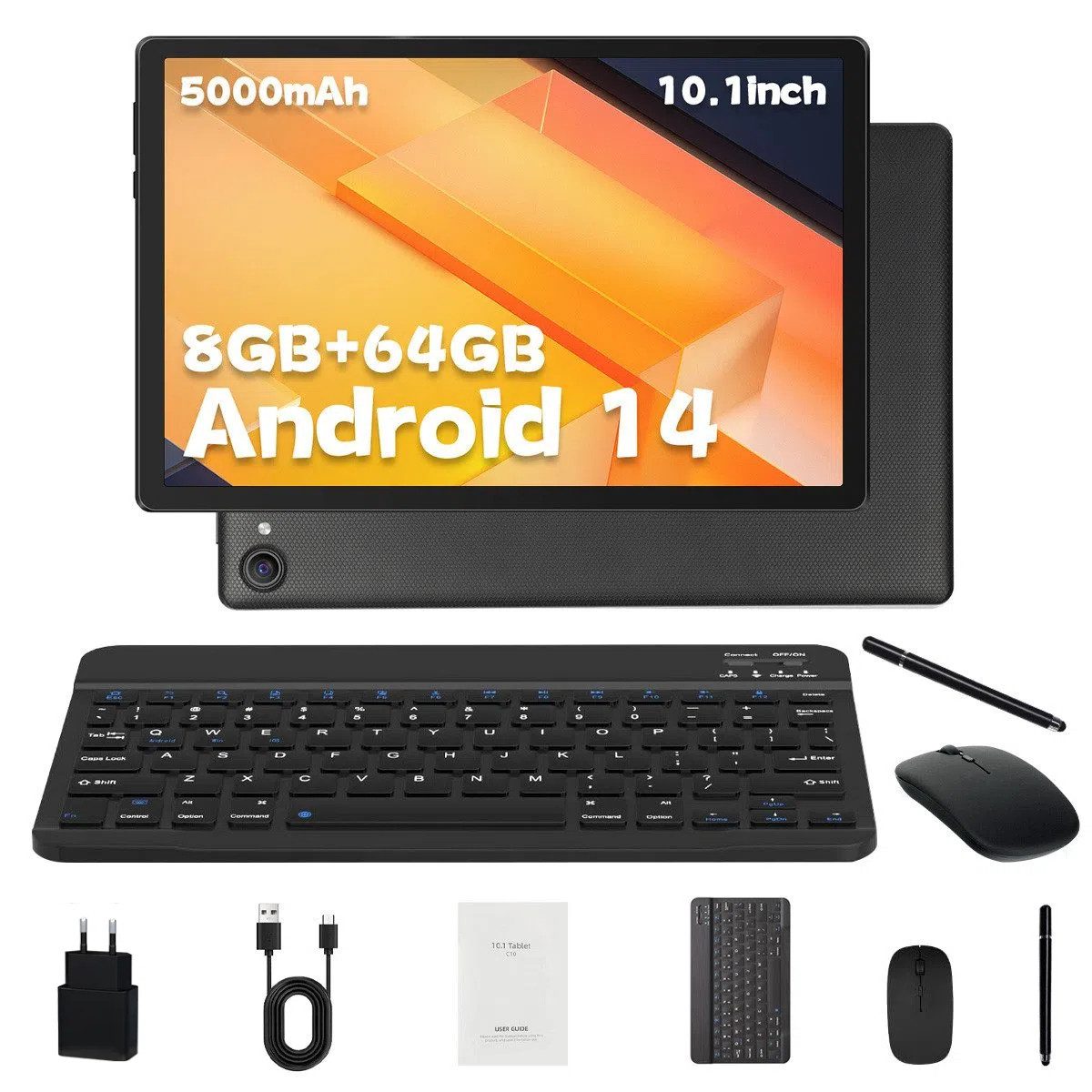 BUFO 10 Zoll 1280x800 HD 5000mAh WiFi 6 mit Tastatur, Maus und Stylus Tablet (10.1", 64 GB, Android 14, 5G WiFi, Android 14 mit Tastatur Set, KI-Unterstützung, 8GB+64GB)