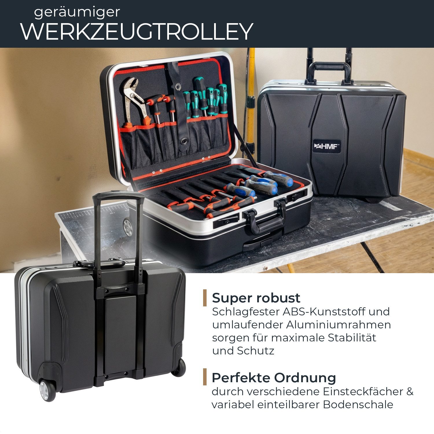 HMF Werkzeugkoffer Werkzeugtrolley leer aus ABS-Kunststoff mit Aluminiumrahmen, Werkzeugkiste mit Rollen & Teleskopgriff, abschließbar 47x40x24,5 cm