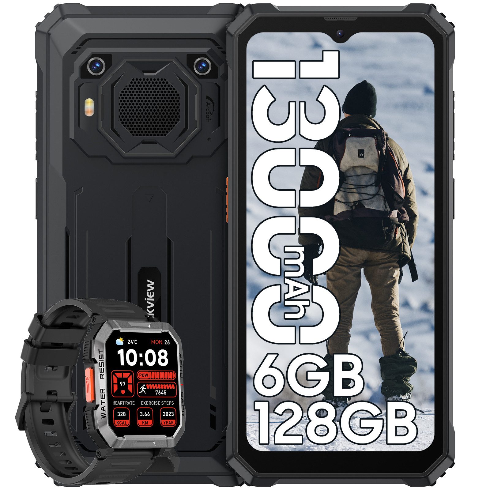 blackview BV6200Pro incl. W60 Smartphone (6.56 Zoll, 13 MP Kamera, 13000mAh Akku, 98dB Lautsprecher, Fingerabdruck/NFC/IP69K)