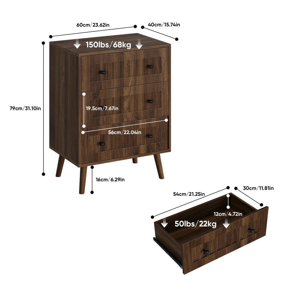BBWL Stauraumschrank Kommode Walnuss 3 Schubladen moderner Kleiderschrank Schminktisch Flur Holz Aufbewahrungsschrank Wohnzimmer Schlafzimmer
