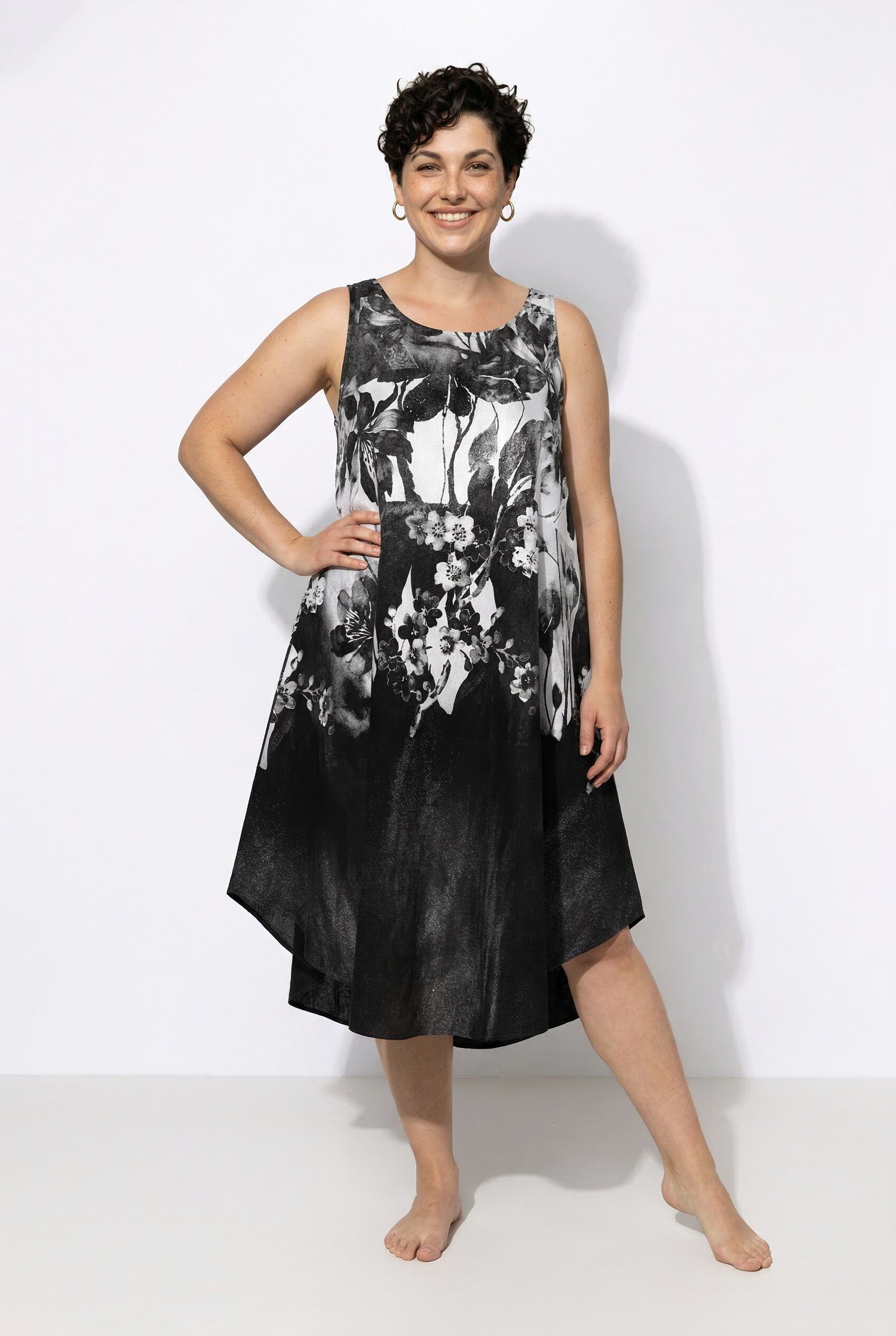 Ulla Popken Maxikleid Midikleid Blüten A-Linie Rundhals ärmellos