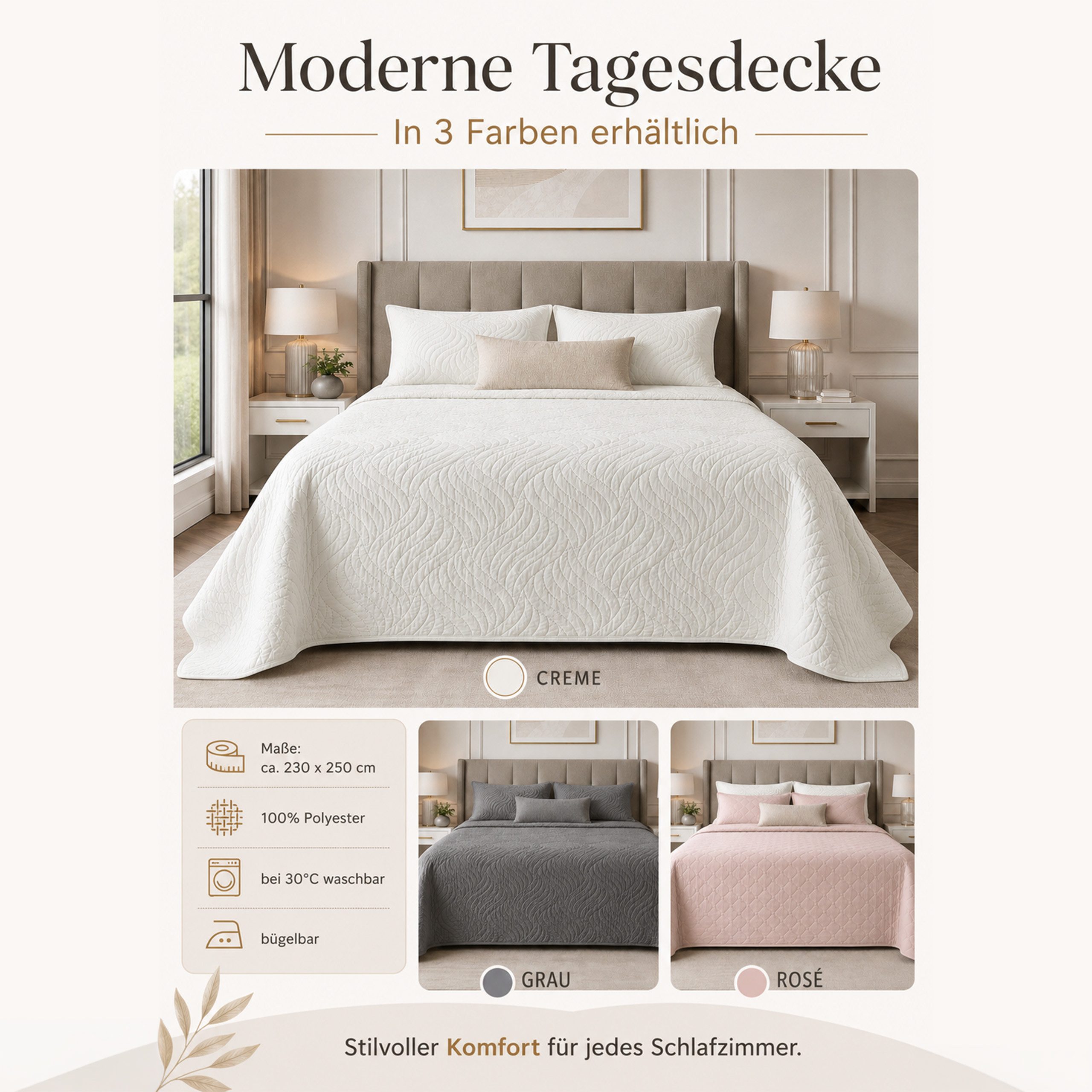 Novitesse Tagesdecke Tagesdecke Bettüberwurf mit Struktursteppung, gesteppt, mit Strukturmuster, waschbar bei 30 °C 230 × 250 cm – Bild 3 von 3