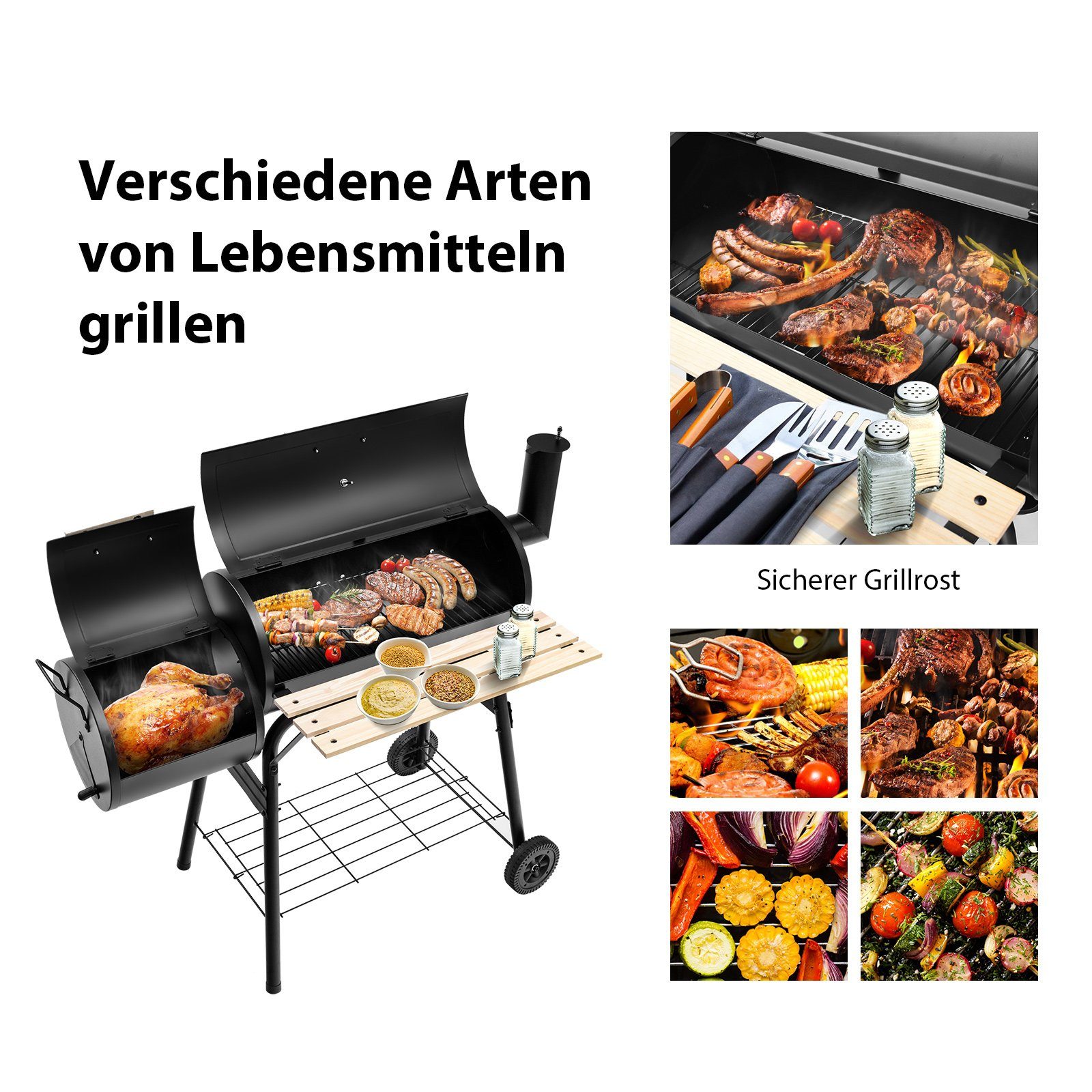COSTWAY Holzkohlegrill Campinggrill 2 in 1, mit 2 Grillrost & Rädern