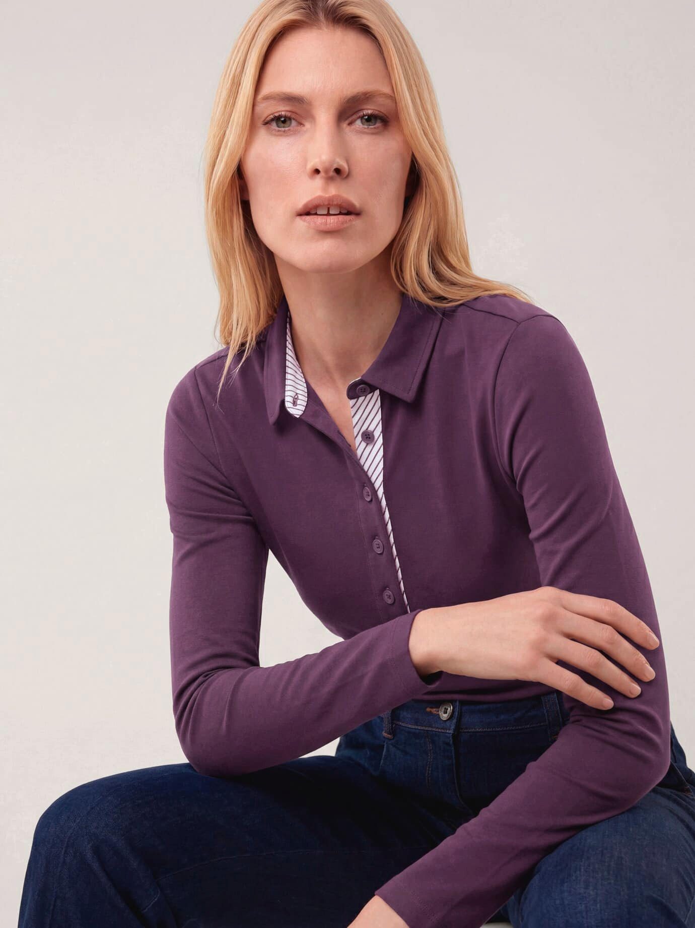 Walbusch Poloshirt Damen Poloshirt aus Baumwolle Polokragen Langarm, pflegeleicht