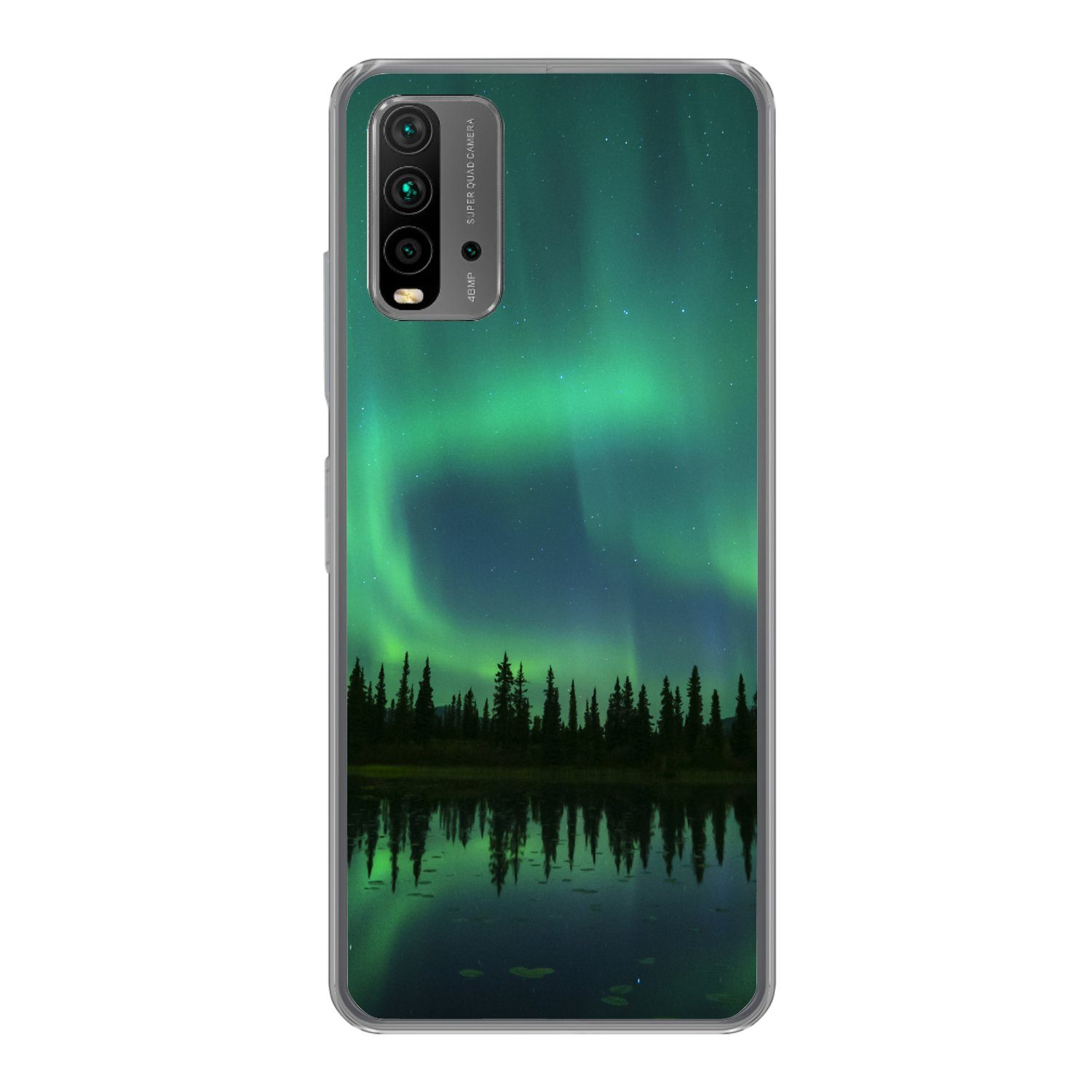 MuchoWow Handyhülle für Xiaomi Redmi 9T Nordlicht - Bäume - Wasser - Alaska, Phone Case, Silikon, Schutzhülle Dünn