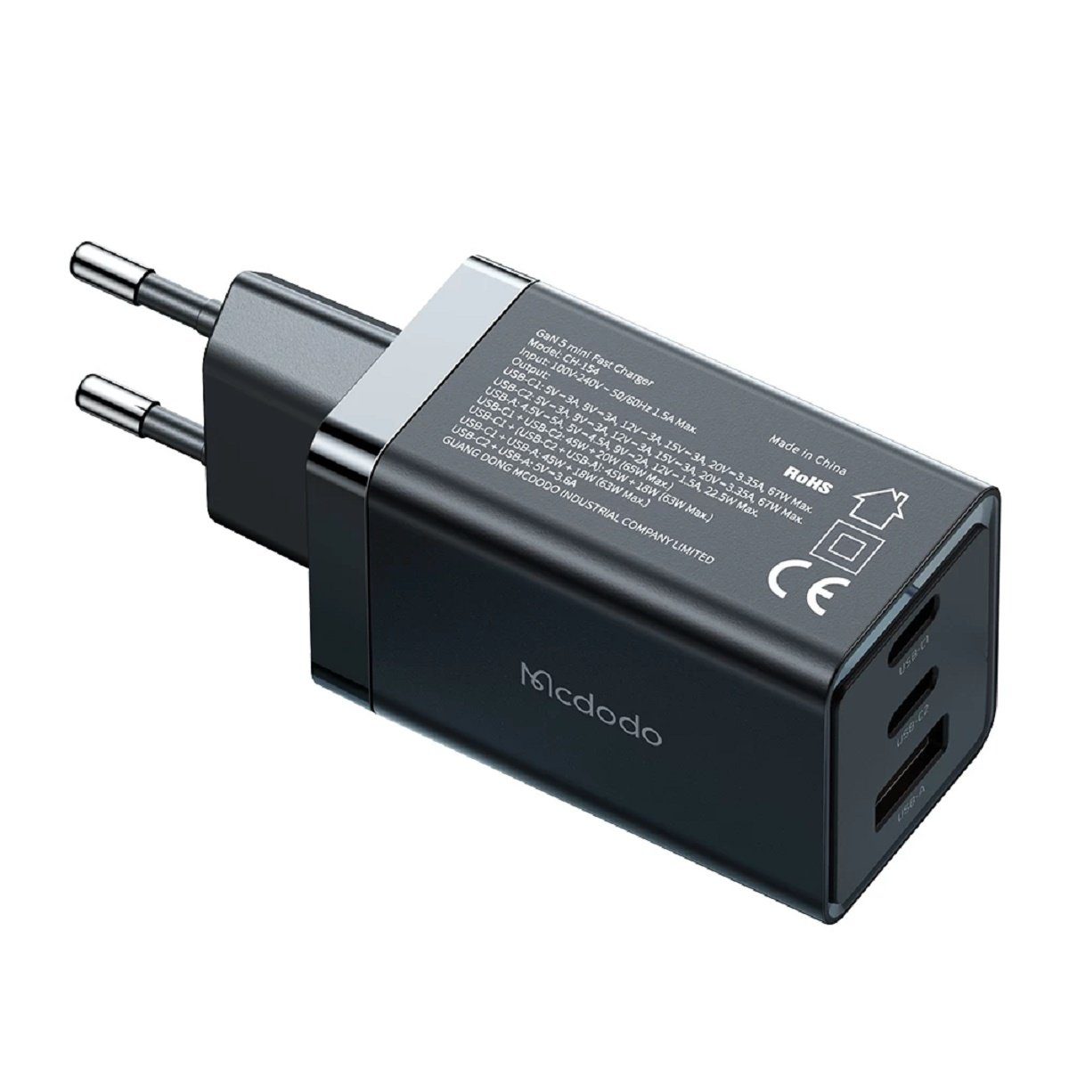 mcdodo 65W Gan 5 Pro 2x Type-C,1x USB Eingang Ladeadapter Schnellladegerät USB-Ladegerät