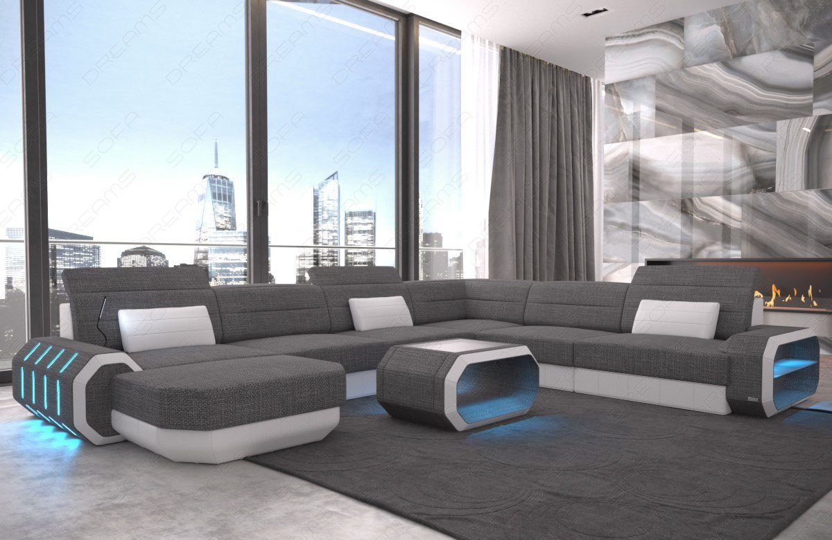 XXL Couch Dreams Sofa grau-weiß wahlweise H Stoffsofa Roma Polster Wohnlandschaft Stoff Bettfunktion Strukturstoff Design Sofa, mit
