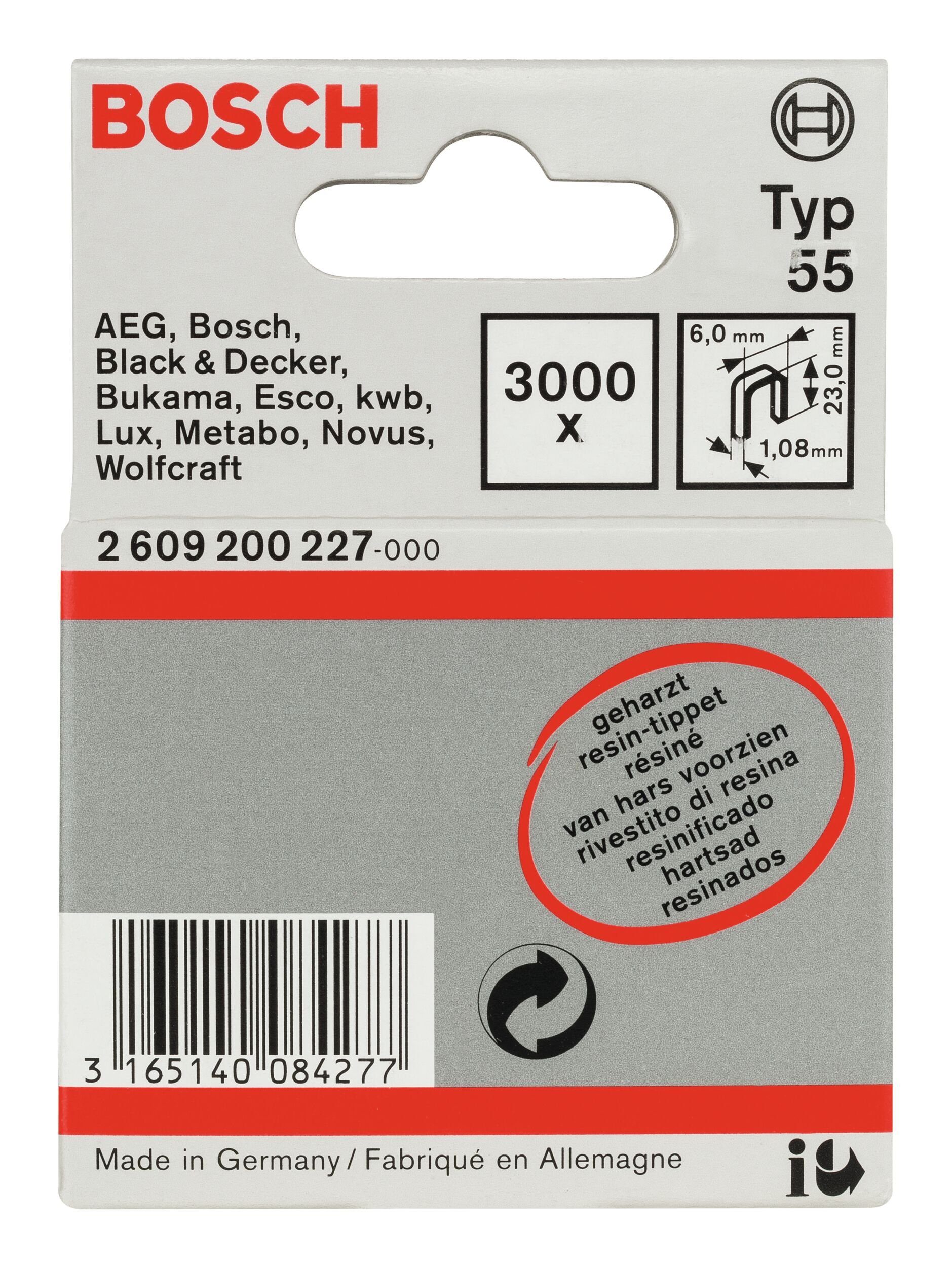 BOSCH Tackerklammer, Typ 55 Schmalrückenklammer geharzt - 1,08 x 23 x 6 mm - 3000er-Pack