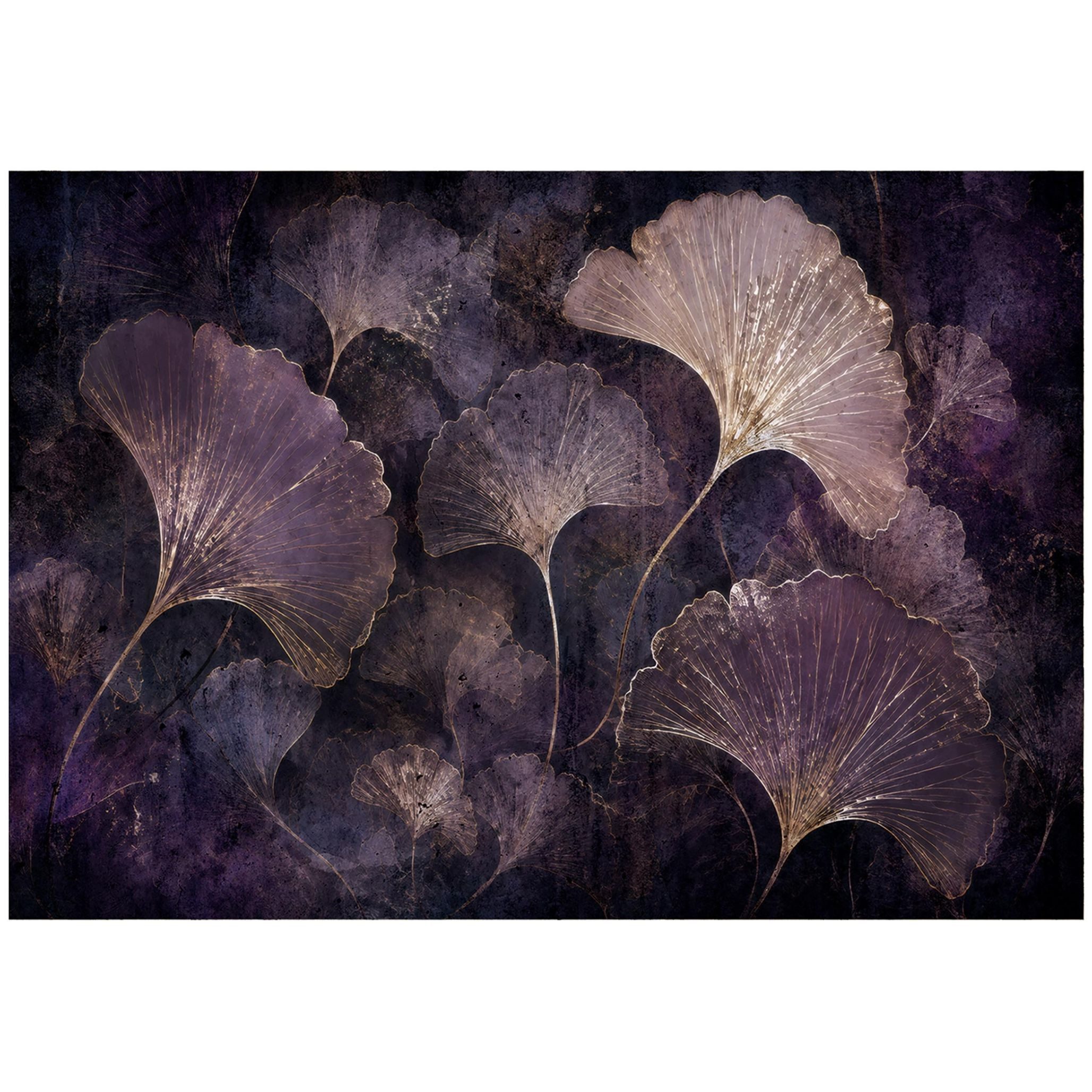Wallarena Fototapete Blätter und Ginkgo in Lila und Gold aus Vlies für Wohnzimmer, glatt, floral, 3D-Optik, (2 St), für Schlafzimmer 254x184cm