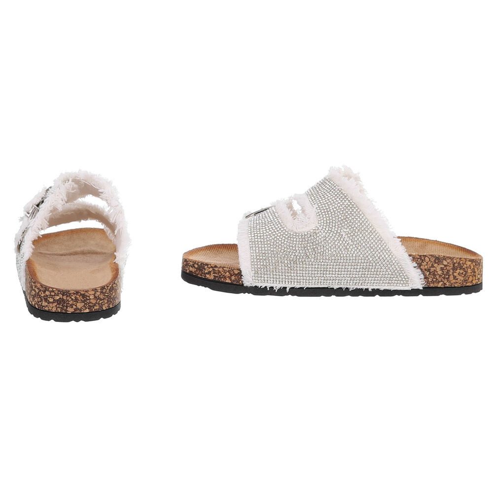 Ital-Design Glamouröse Damen Sandalen mit Strass und Korkfußbett Pantolette (91512385) Flach Pantoletten in Weiß – Bild 5 von 5