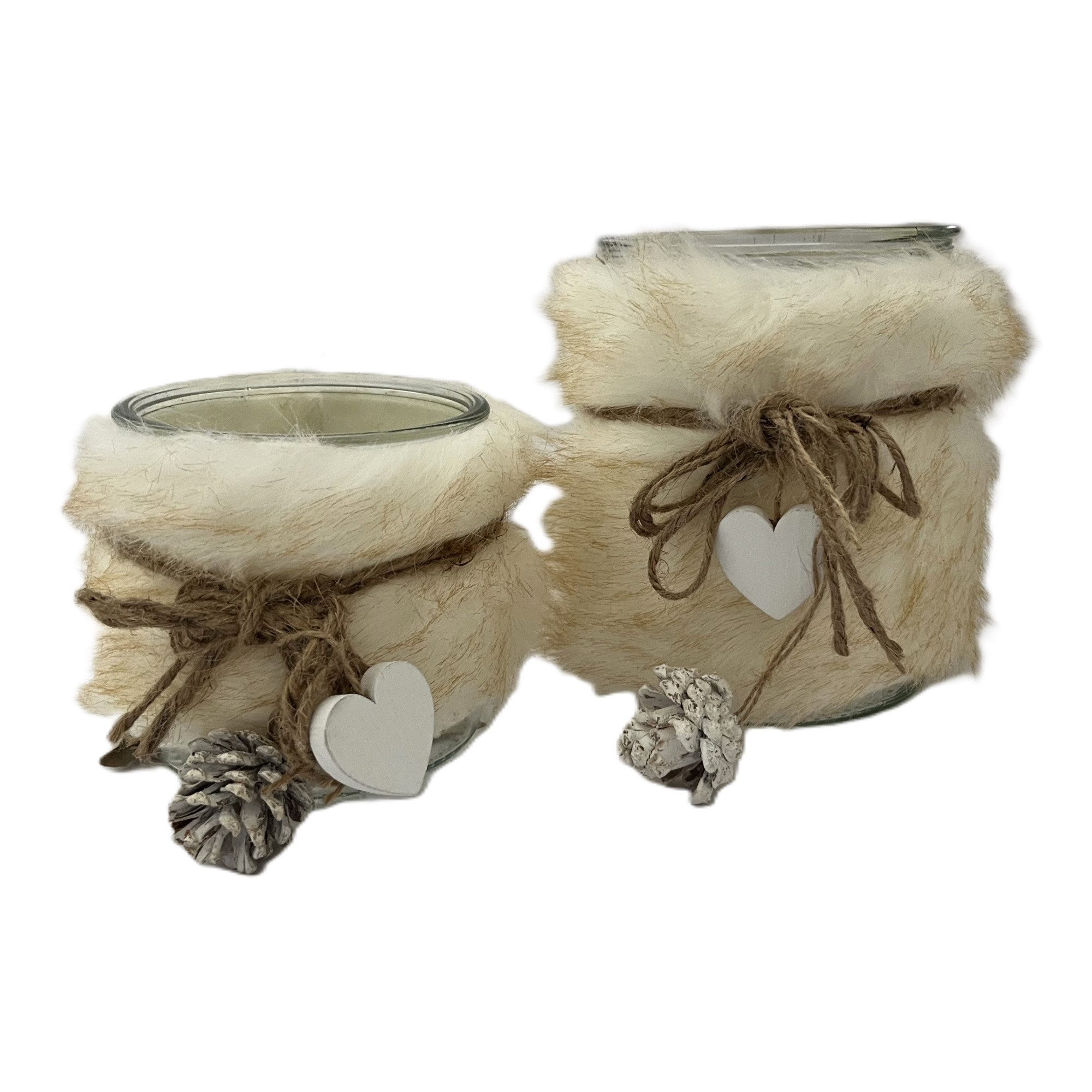 VARIOS Teelichthalter Windlicht Fell Herzen 2er Set Weihnachten 17 cm